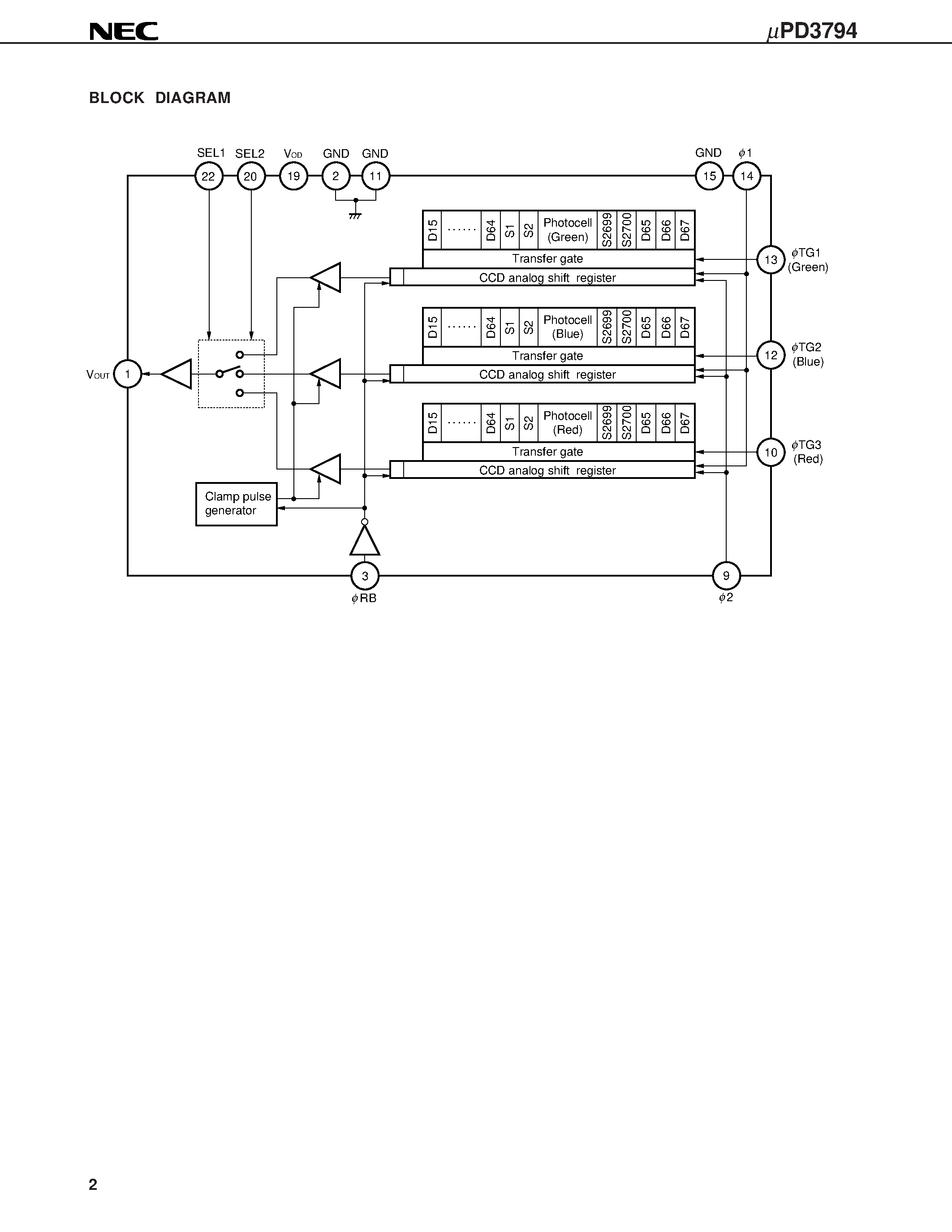 Datasheet UPD3794 - 2700 PIXELS x 3 COLOR CCD LINEAR IMAGE SENSOR page 2