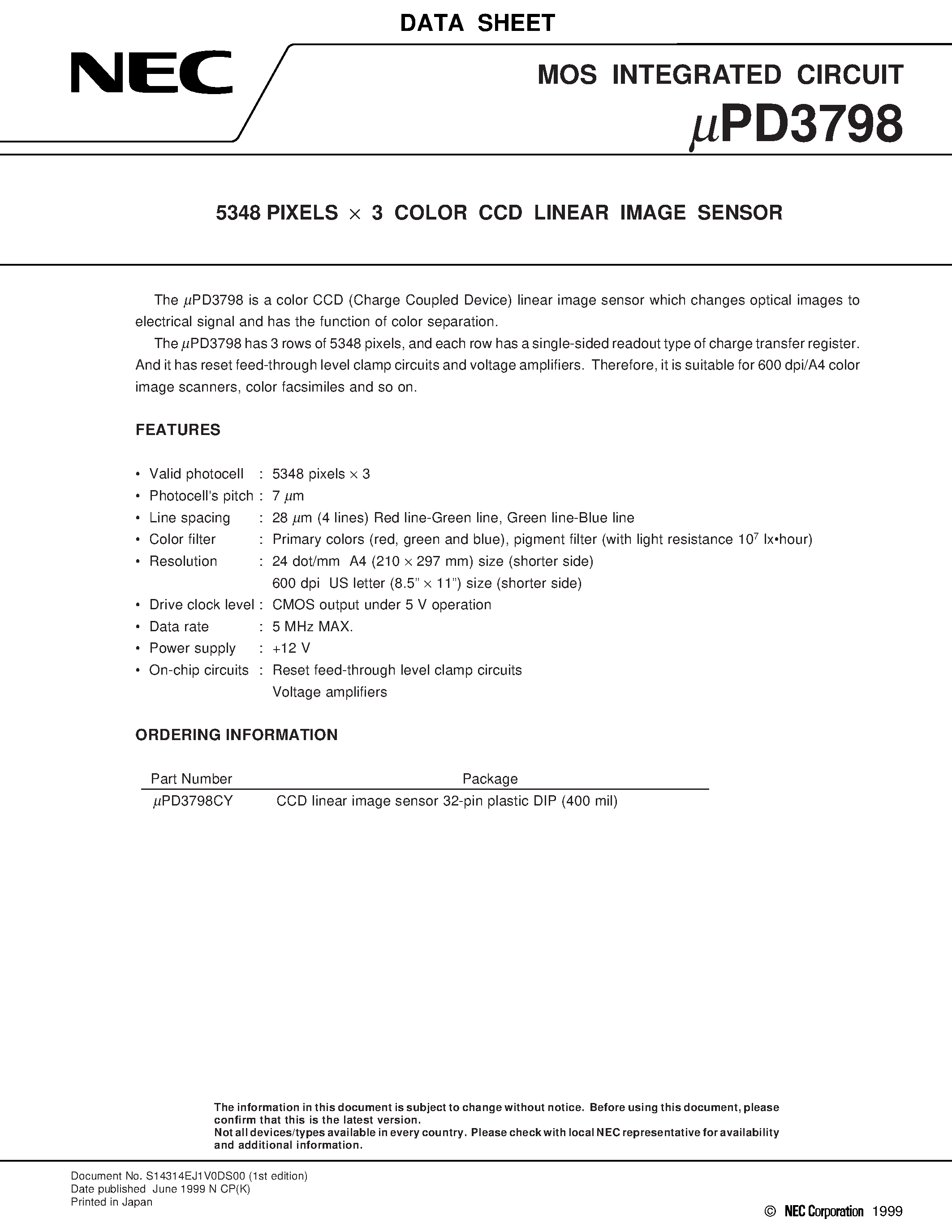 Datasheet UPD3798 - 5348 PIXELS x 3 COLOR CCD LINEAR IMAGE SENSOR page 1