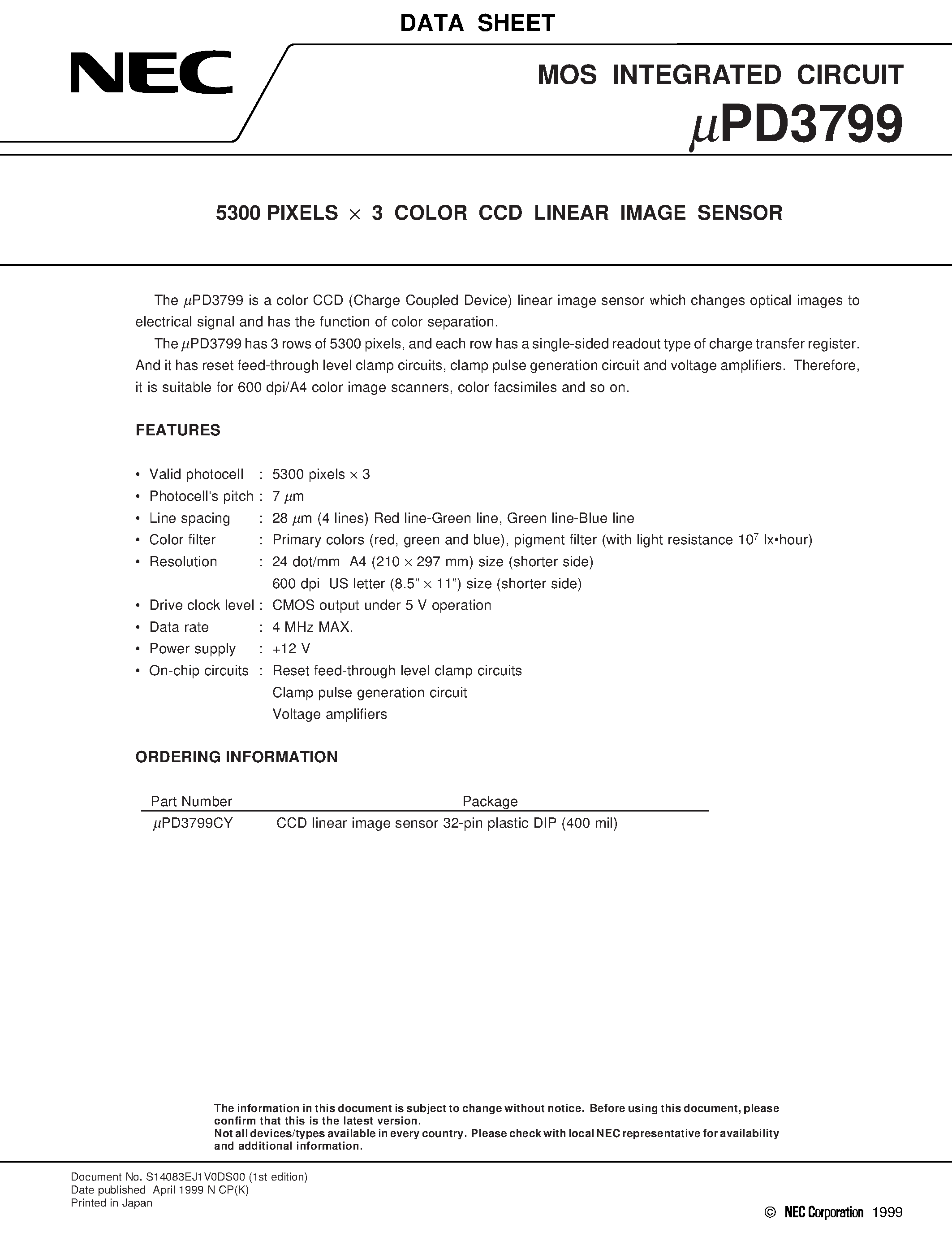 Datasheet UPD3799 - 5300 PIXELS x 3 COLOR CCD LINEAR IMAGE SENSOR page 1