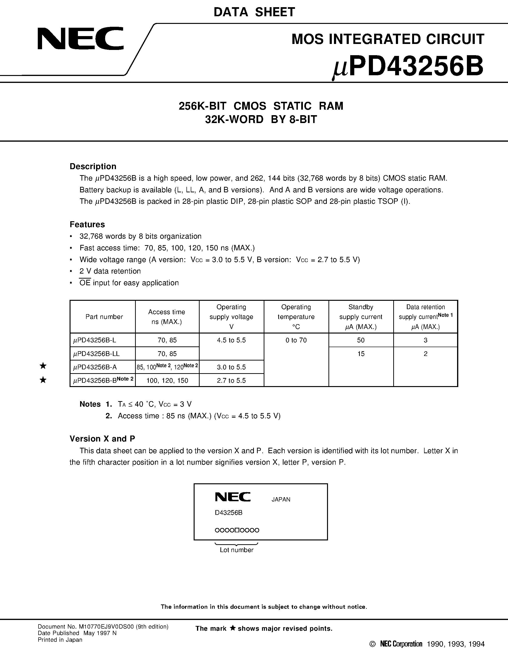 Даташит UPD43256B - 256K-BIT CMOS STATIC RAM 32K-WORD BY 8-BIT страница 1