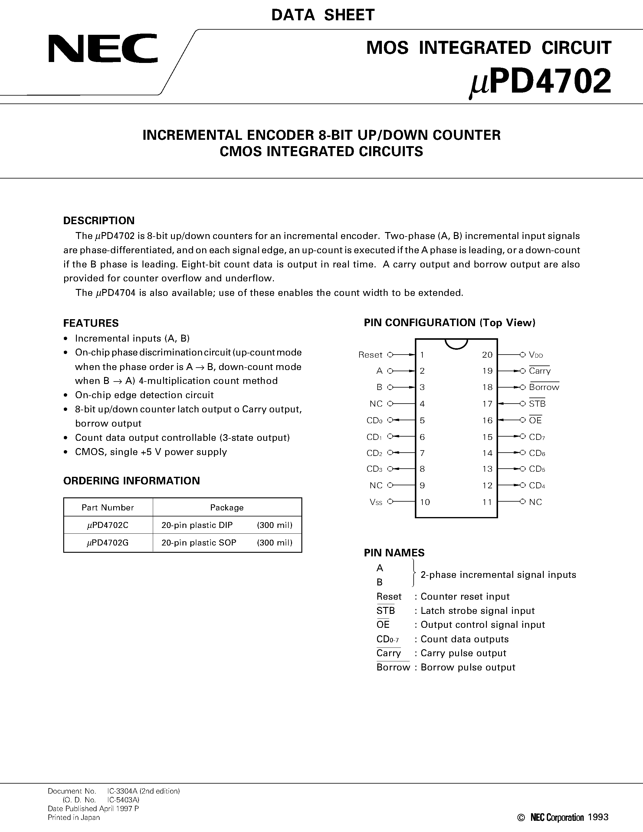Даташит UPD4702G - INCREMENTAL ENCODER 8-BIT UP/DOWN COUNTER CMOS INTEGRATED CIRCUITS страница 1