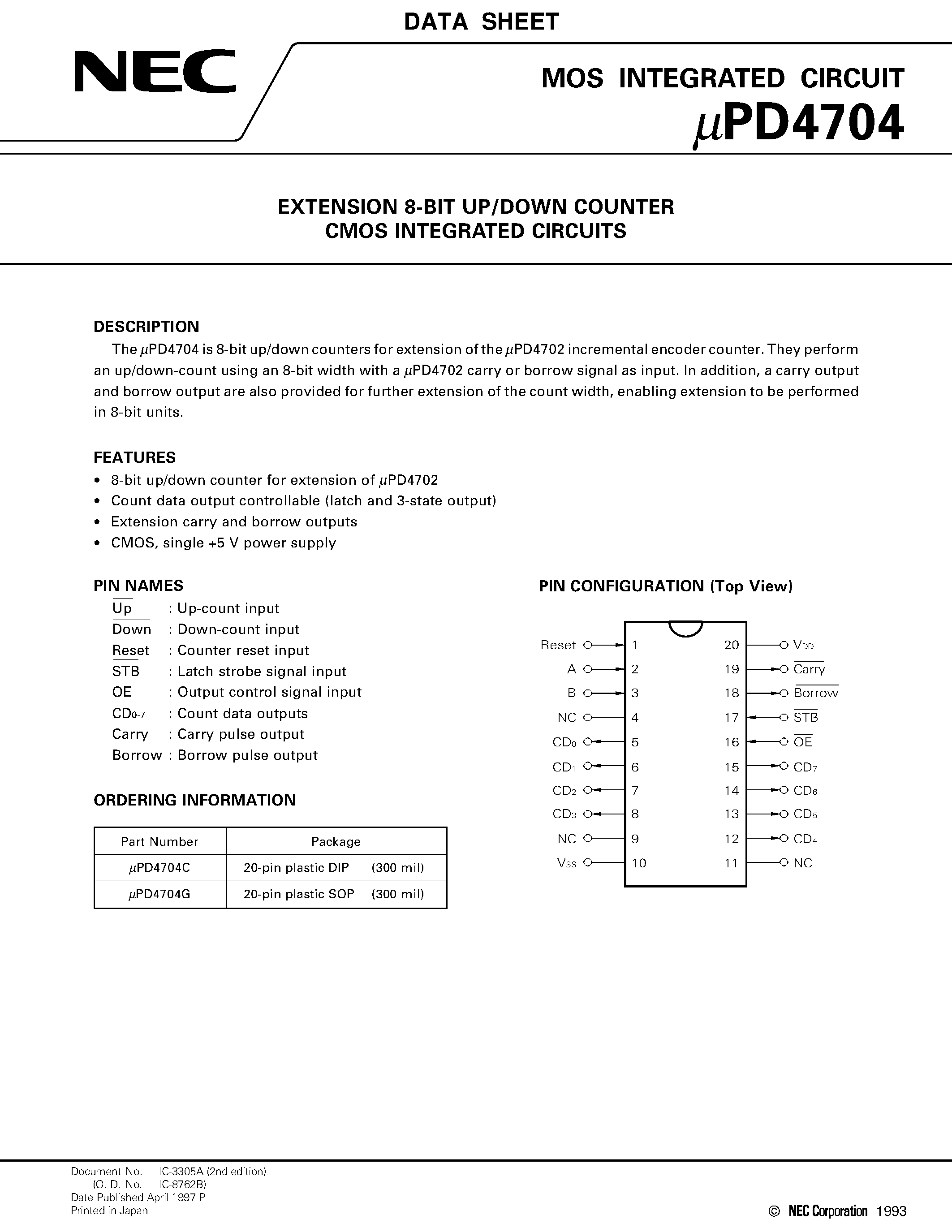 Даташит UPD4704 - EXTENSION 8-BIT UP/DOWN COUNTER CMOS INTEGRATED CIRCUITS страница 1