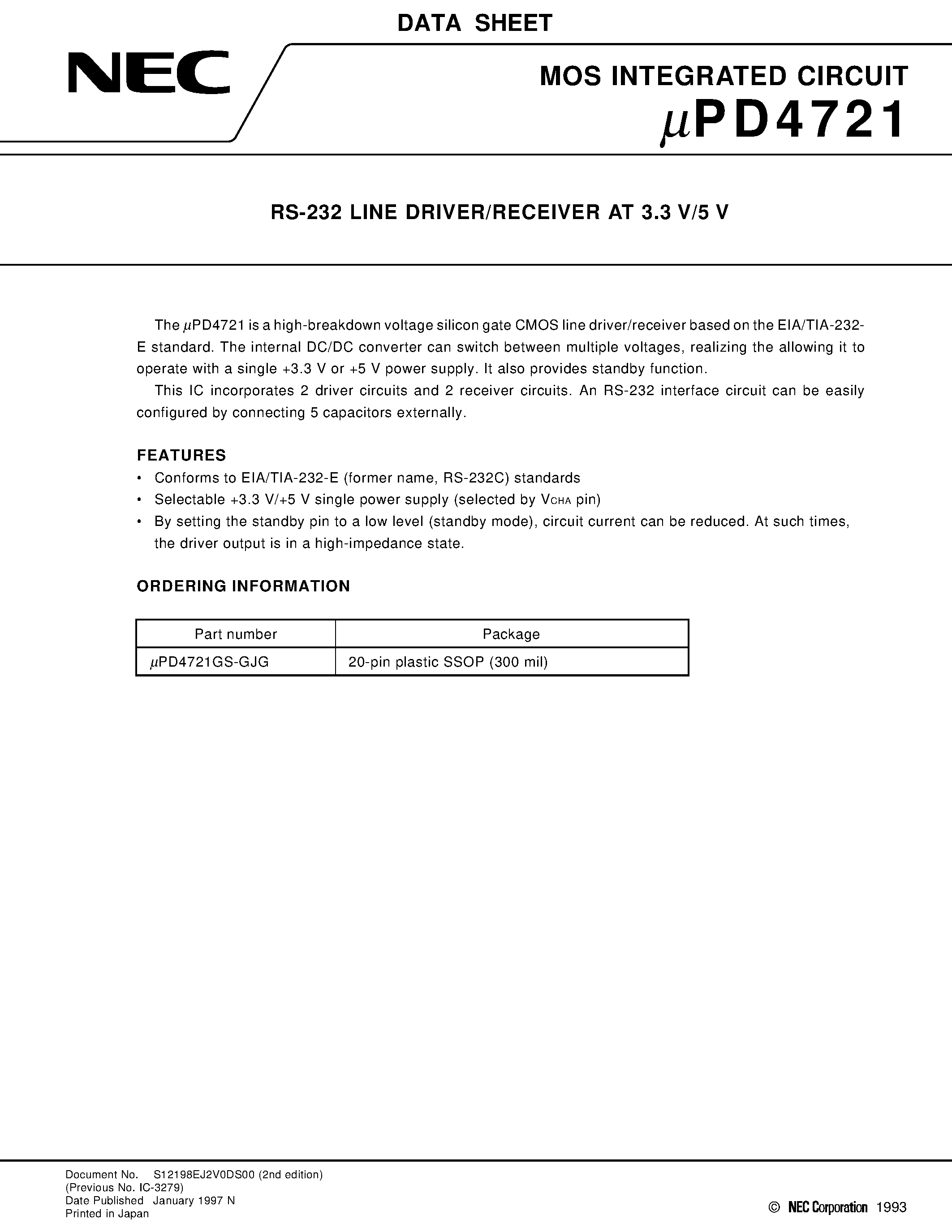 Datasheet UPD4721 - RS-232 LINE DRIVER/RECEIVER AT 3.3 V/5 V page 1