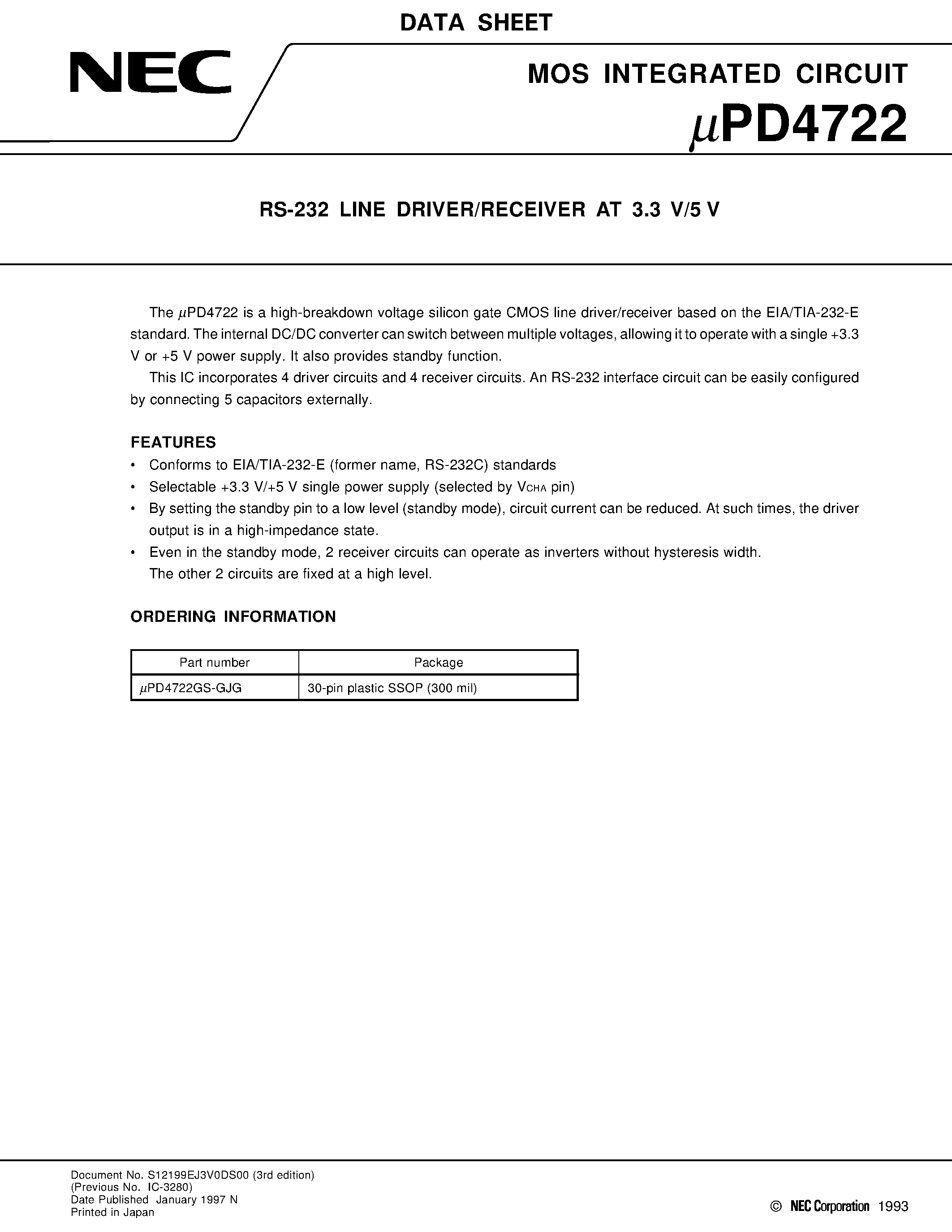 Datasheet UPD4722GS-GJG - RS-232 LINE DRIVER/RECEIVER AT 3.3 V/5 V page 1