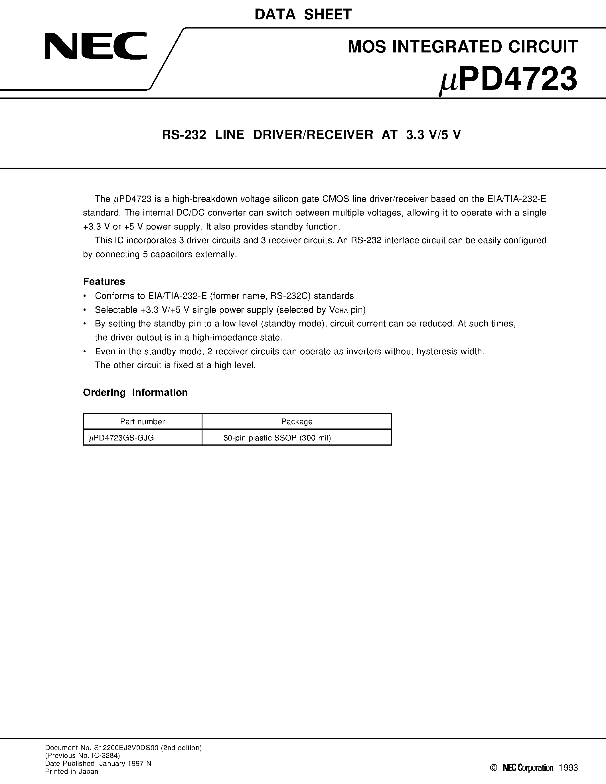 Datasheet UPD4723GS-GJG - RS-232 LINE DRIVER/RECEIVER AT 3.3 V/5 V page 1