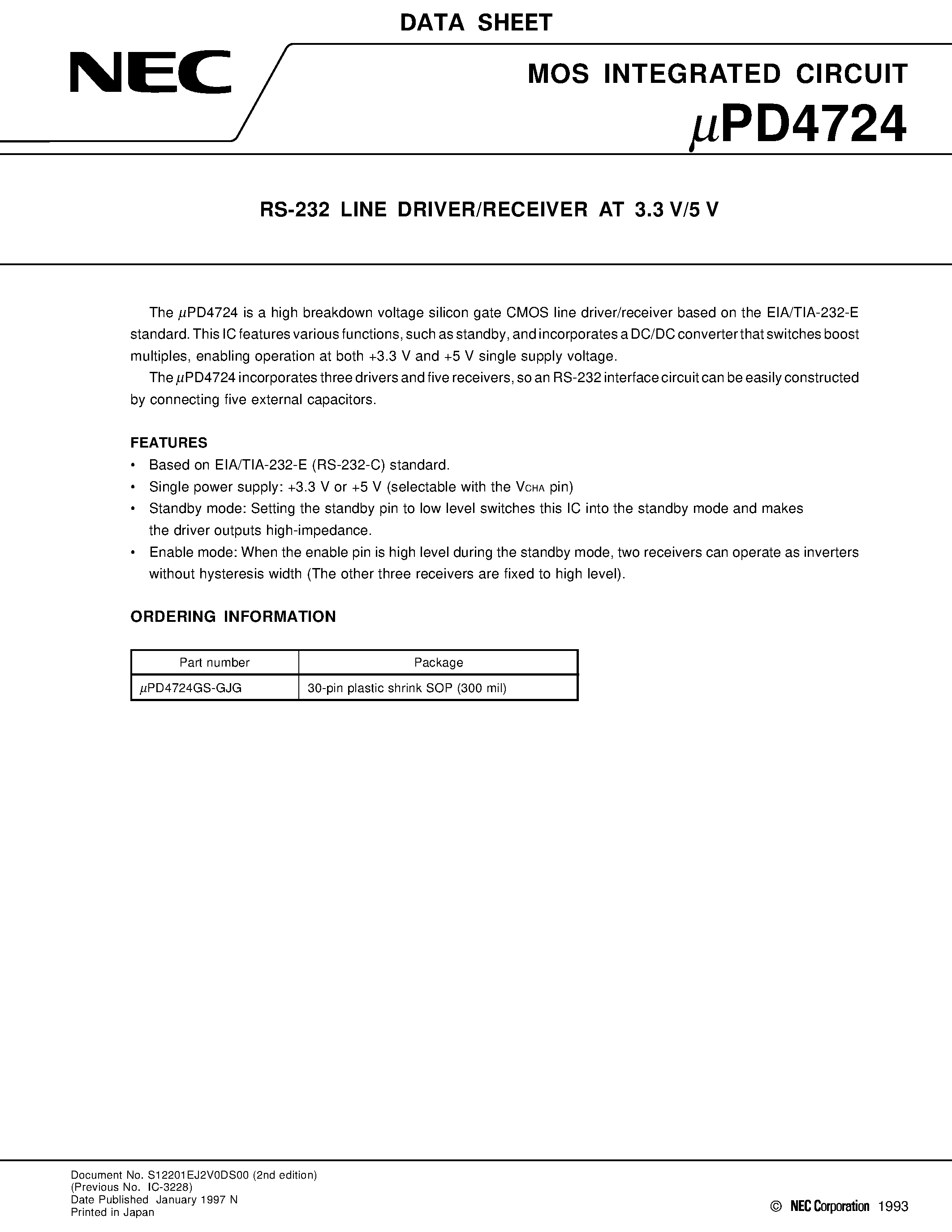 Datasheet UPD4724 - RS-232 LINE DRIVER/RECEIVER AT 3.3 V/5 V page 1