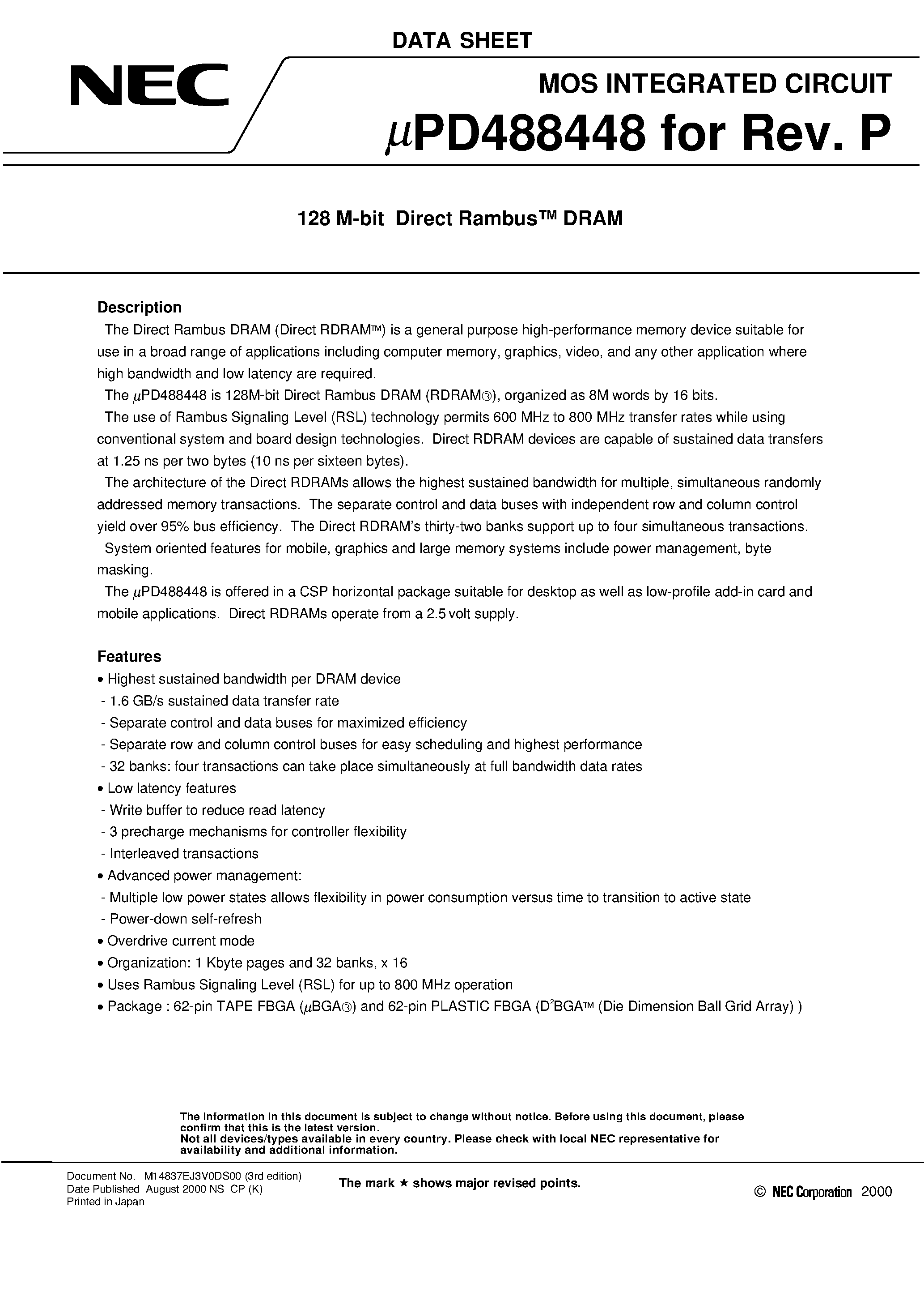 Даташит на микросхему UPD488448 страница 1 Даташит UPD488448 - 128 M-bit Direct Rambus DRAM страница 1