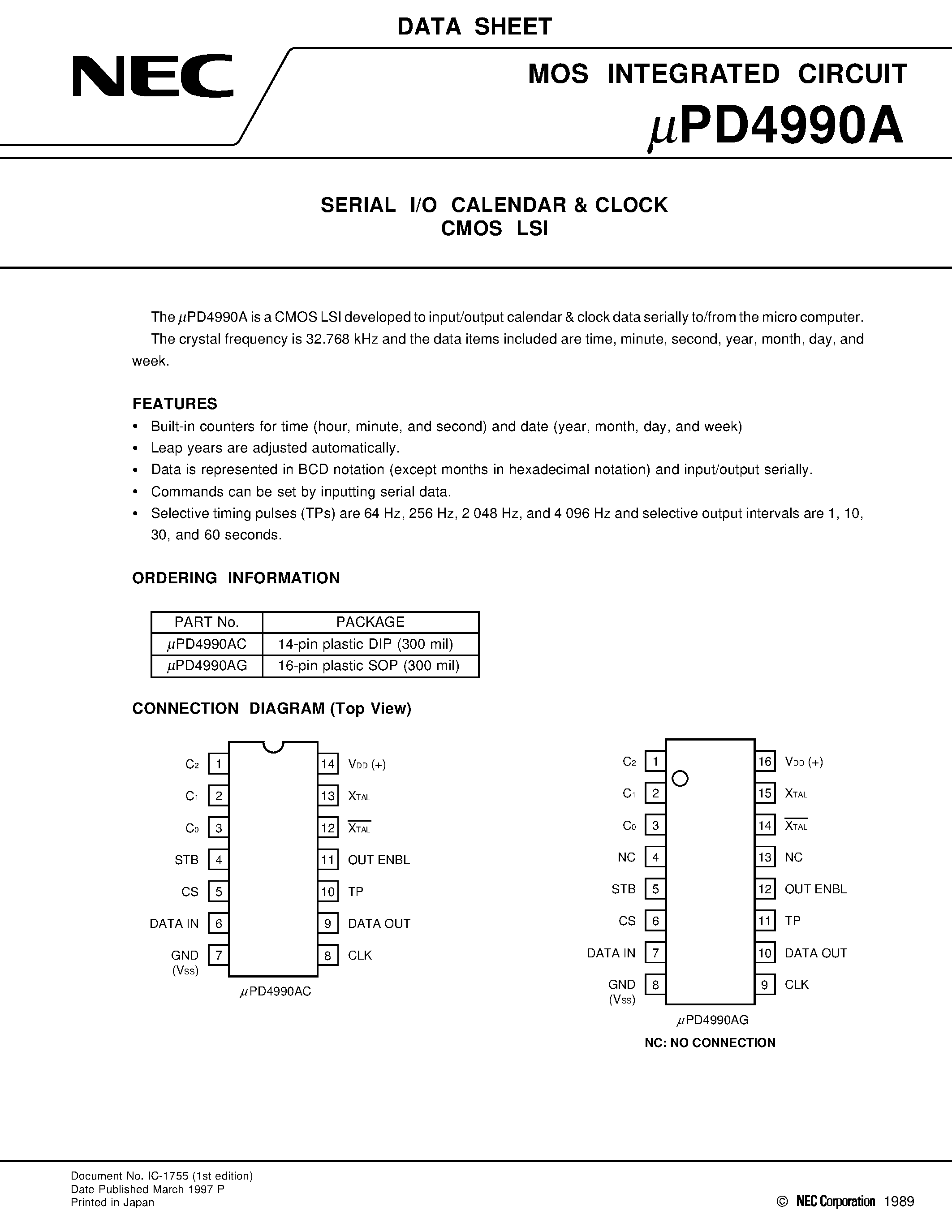 Datasheet UPD4990AC - SERIAL I/O CALENDAR & CLOCK CMOS LSI page 1