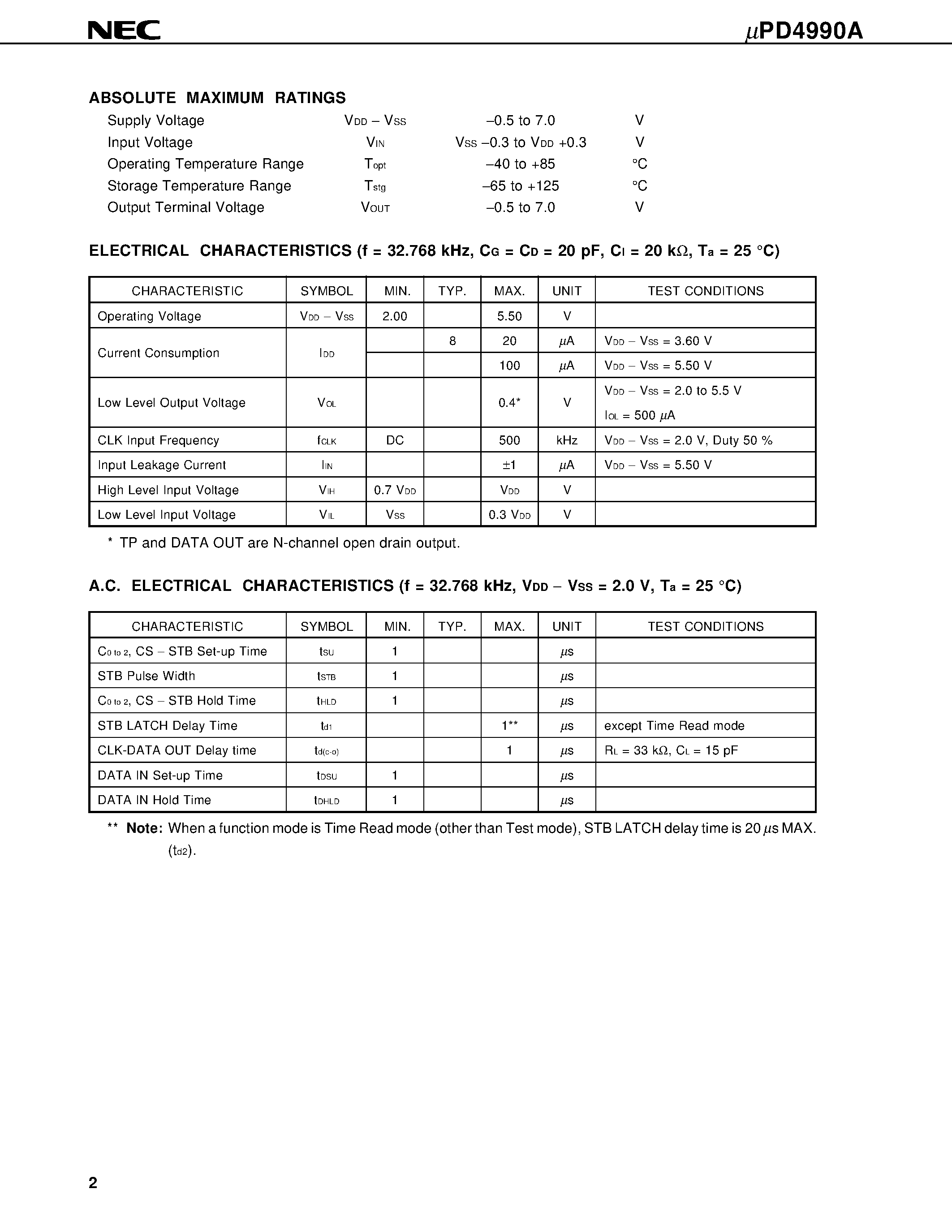 Даташит UPD4990AC - SERIAL I/O CALENDAR & CLOCK CMOS LSI страница 2