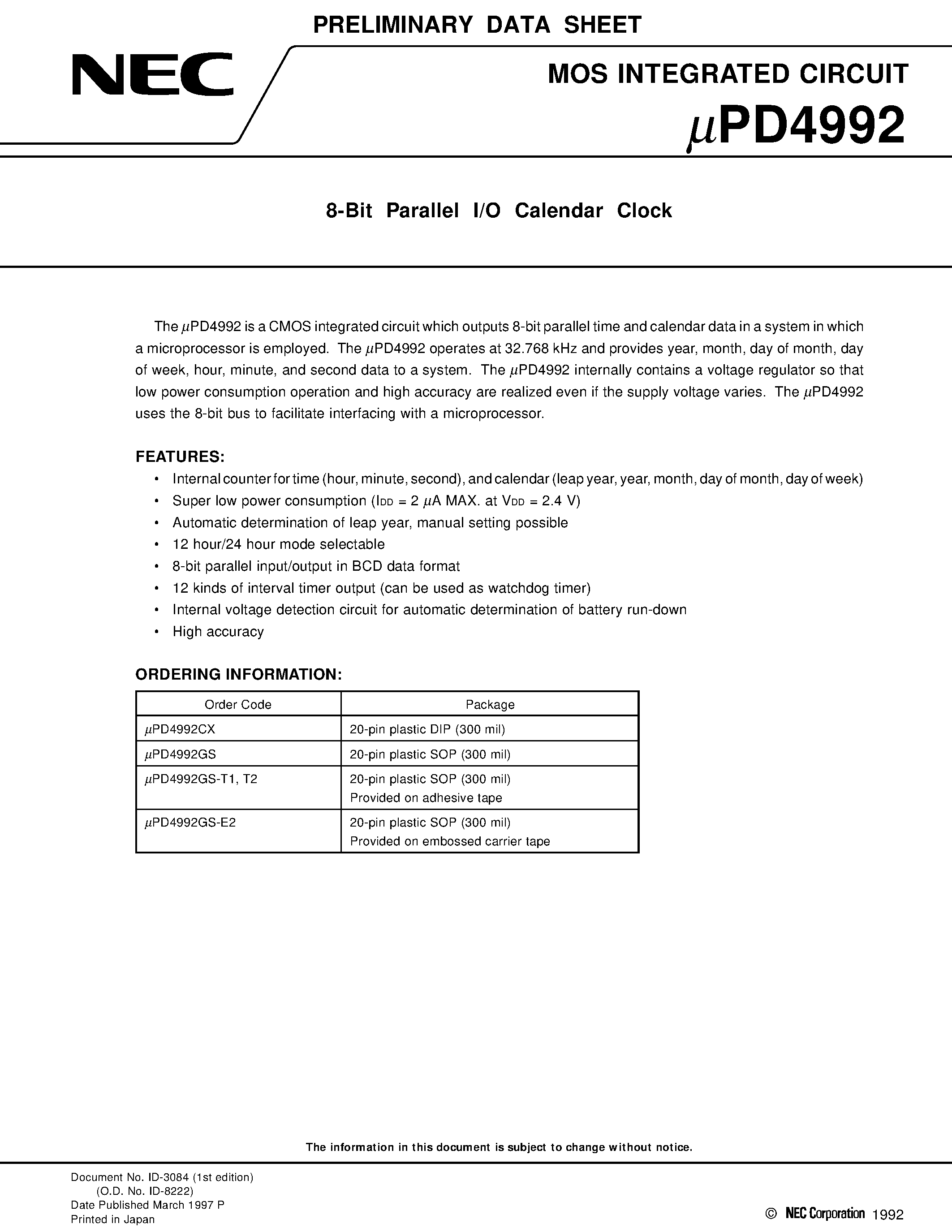 Datasheet UPD4992 - 8-Bit Parallel I/O Calendar Clock page 1
