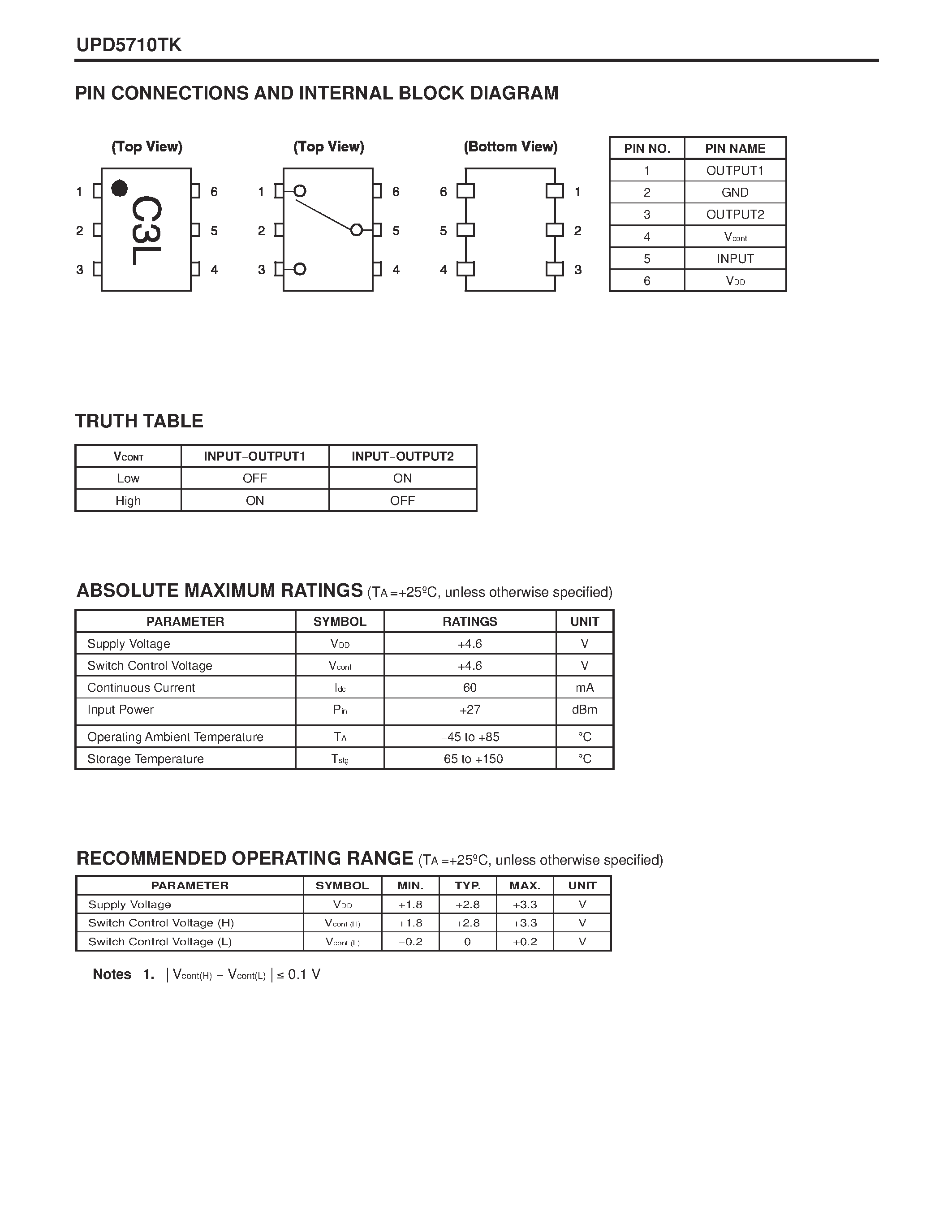 Datasheet UPD5710TK-E2-A page 2 Datasheet UPD5710TK-E2-A - NECs WIDE BAND SINGLE CONTROL CMOS SPDT SWITCH page 2