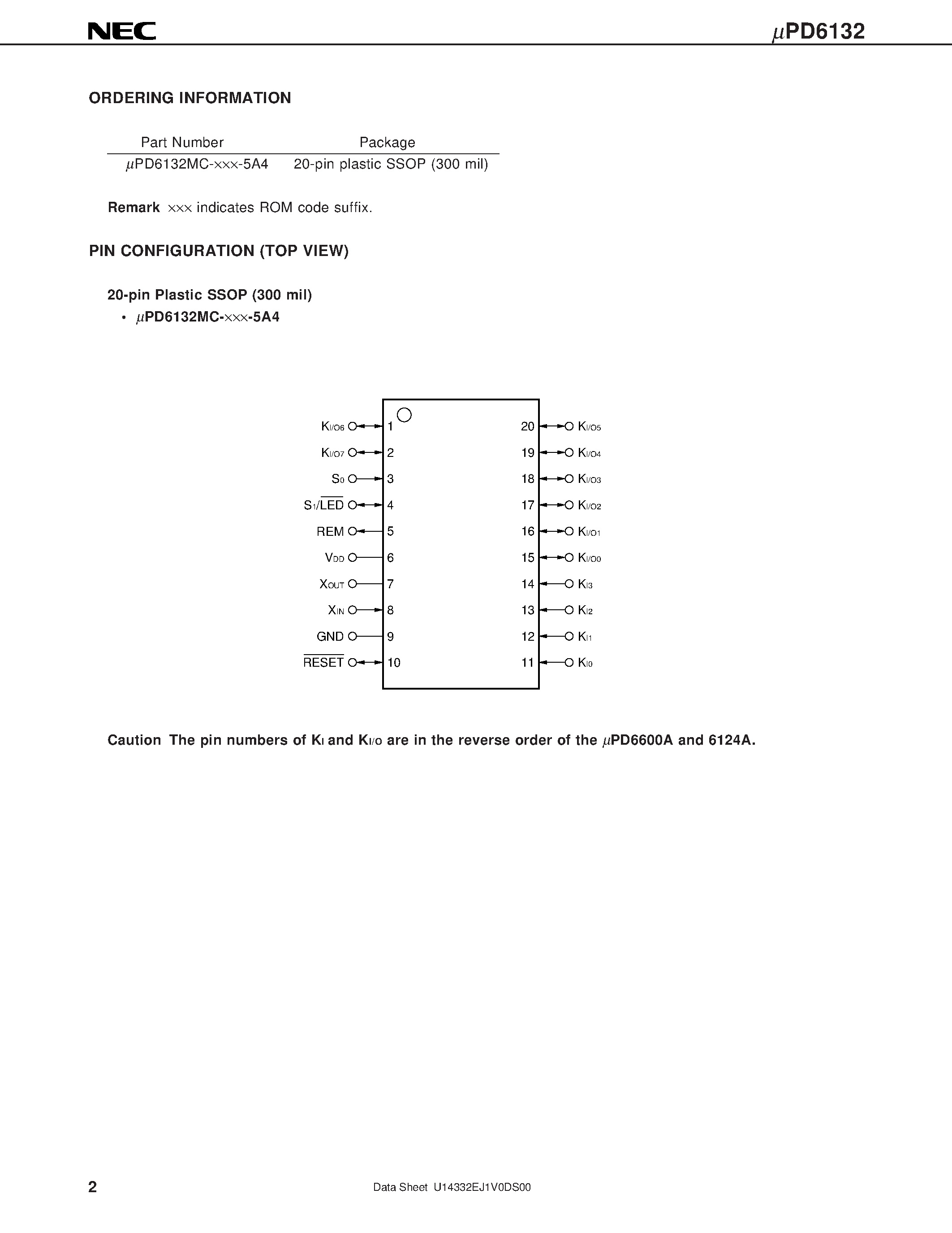 Datasheet UPD6132 - 4-BIT SINGLE-CHIP MICROCONTROLLER FOR INFRARED REMOTE CONTROL TRANSMISSION page 2
