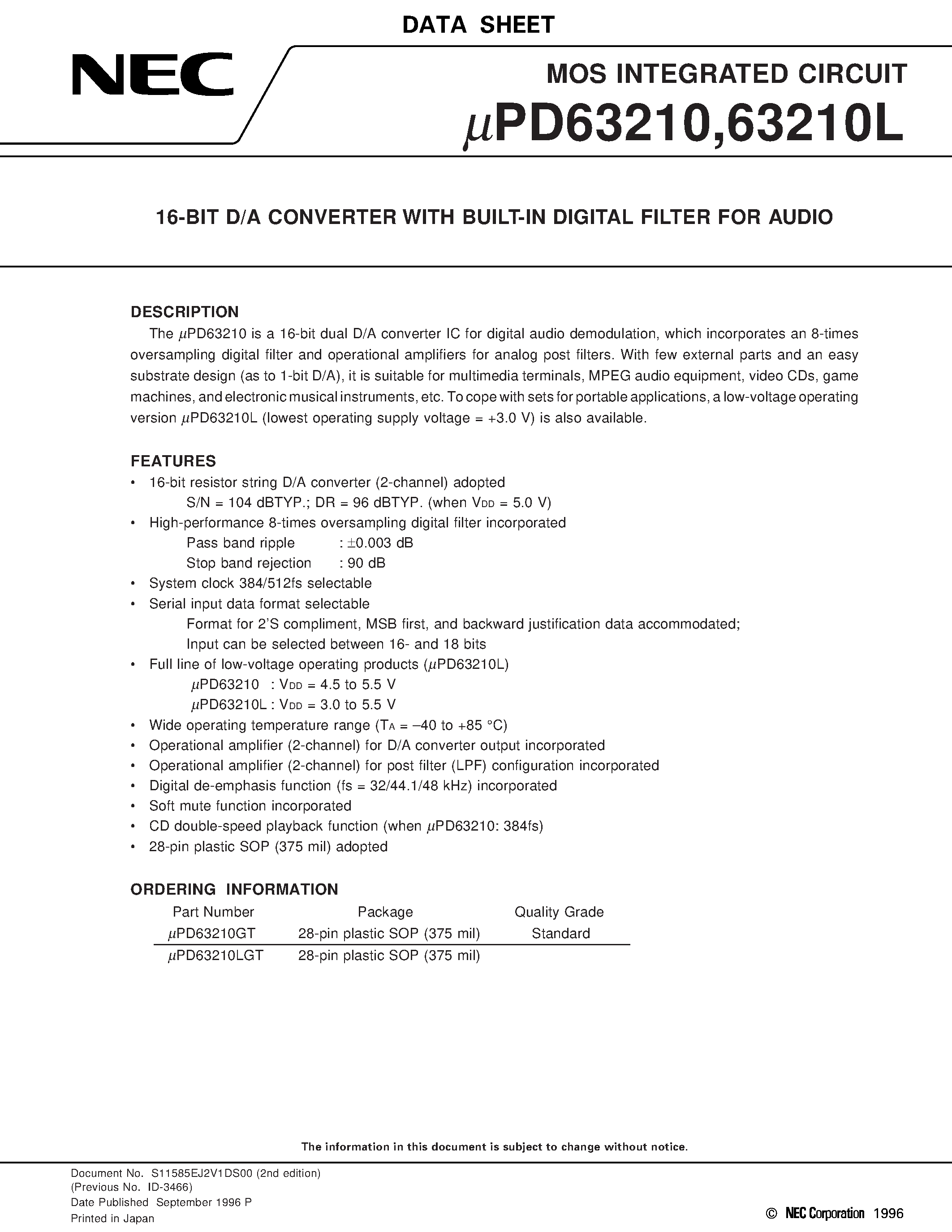 Даташит UPD63210 - 16-BIT D/A CONVERTER WITH BUILT-IN DIGITAL FILTER FOR AUDIO страница 1