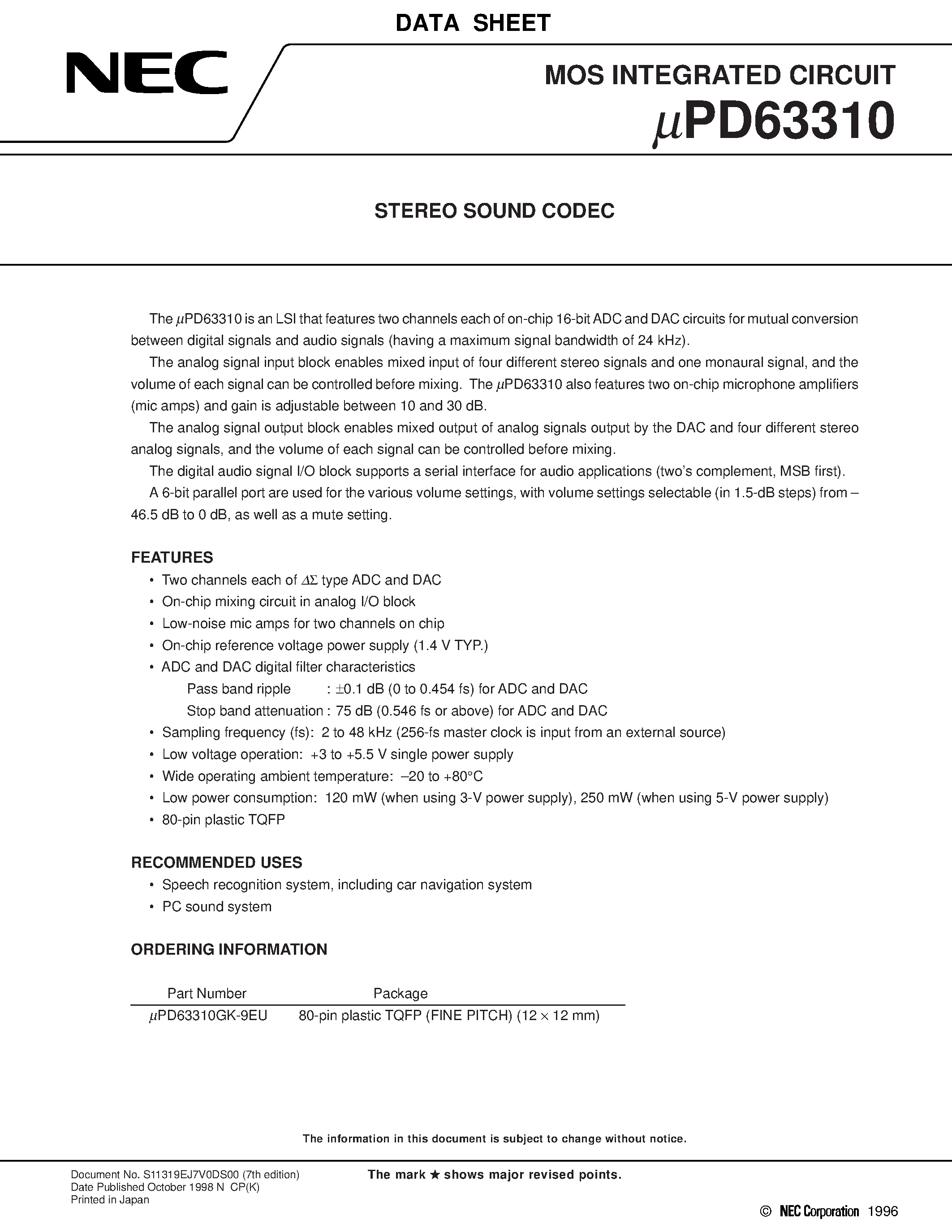 Datasheet UPD63310GK-9EU - STEREO SOUND CODEC page 1