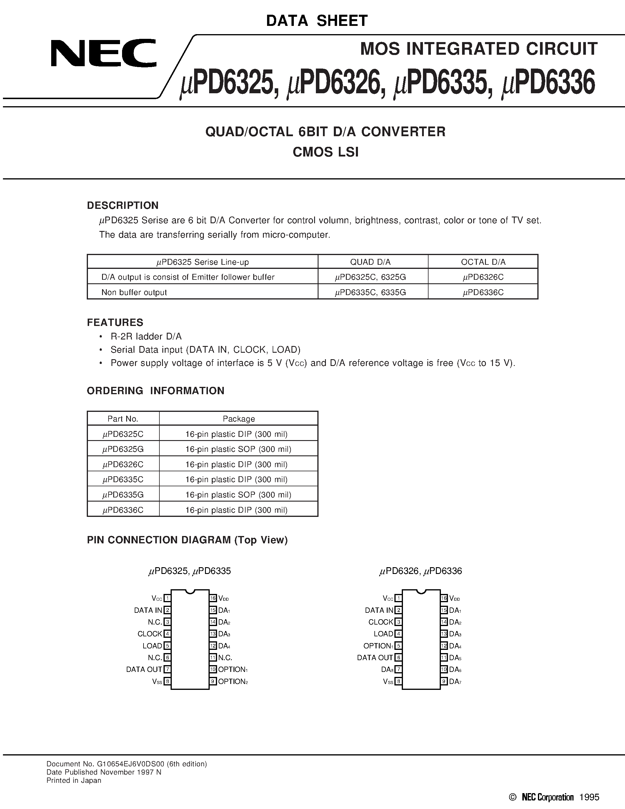 Даташит UPD6335 - QUAD/OCTAL 6BIT D/A CONVERTER CMOS LSI страница 1