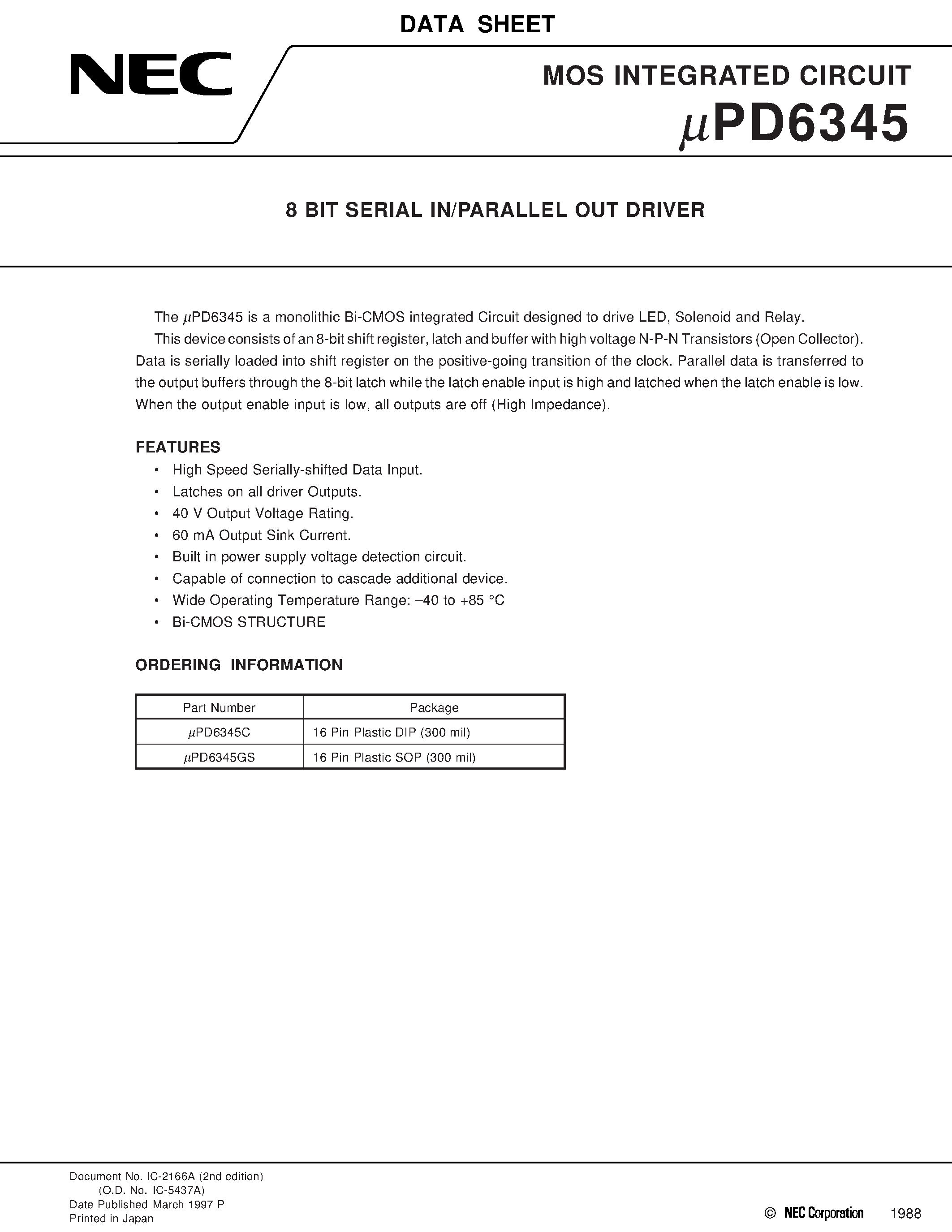 Даташит UPD6345GS - 8 BIT SERIAL IN/PARALLEL OUT DRIVER страница 1