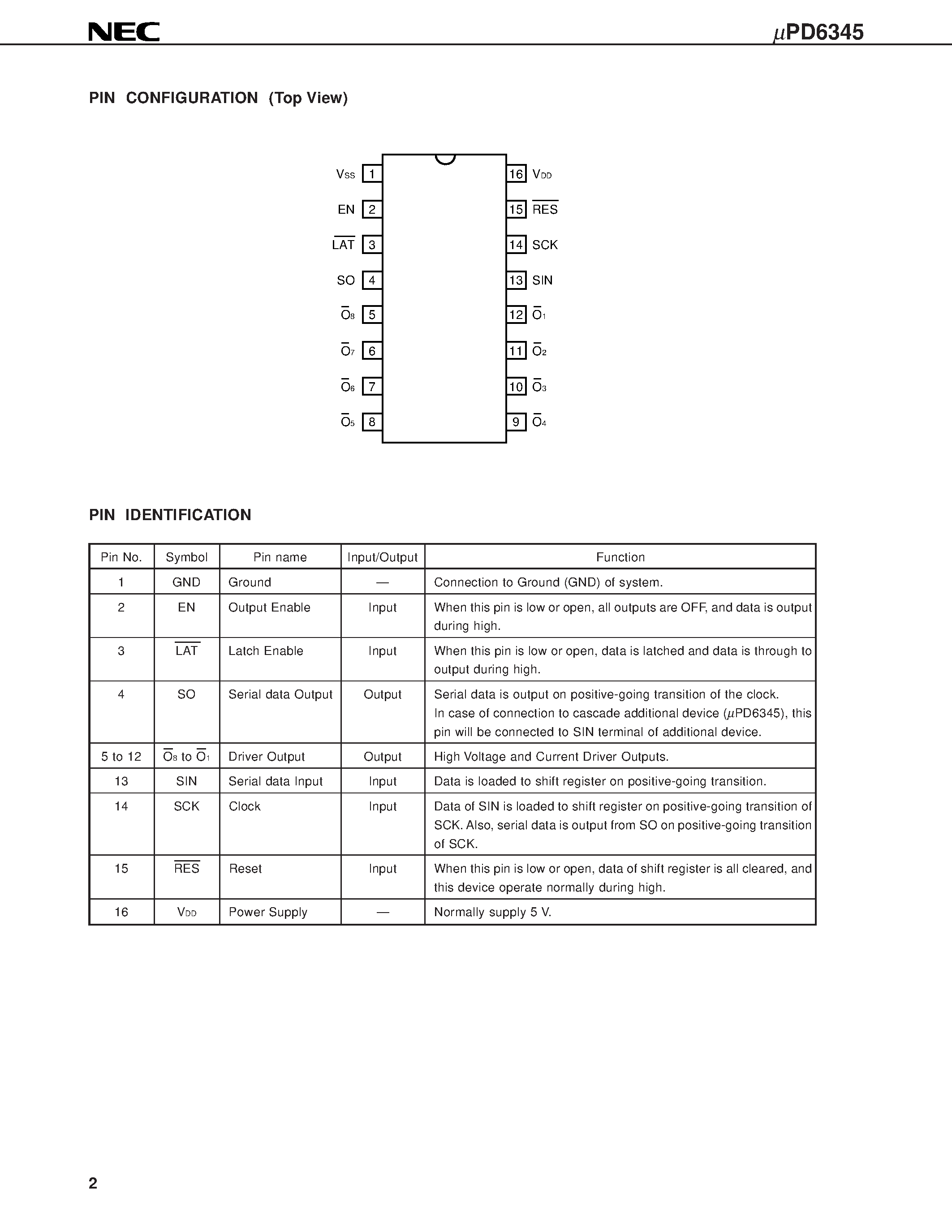 Даташит UPD6345GS - 8 BIT SERIAL IN/PARALLEL OUT DRIVER страница 2