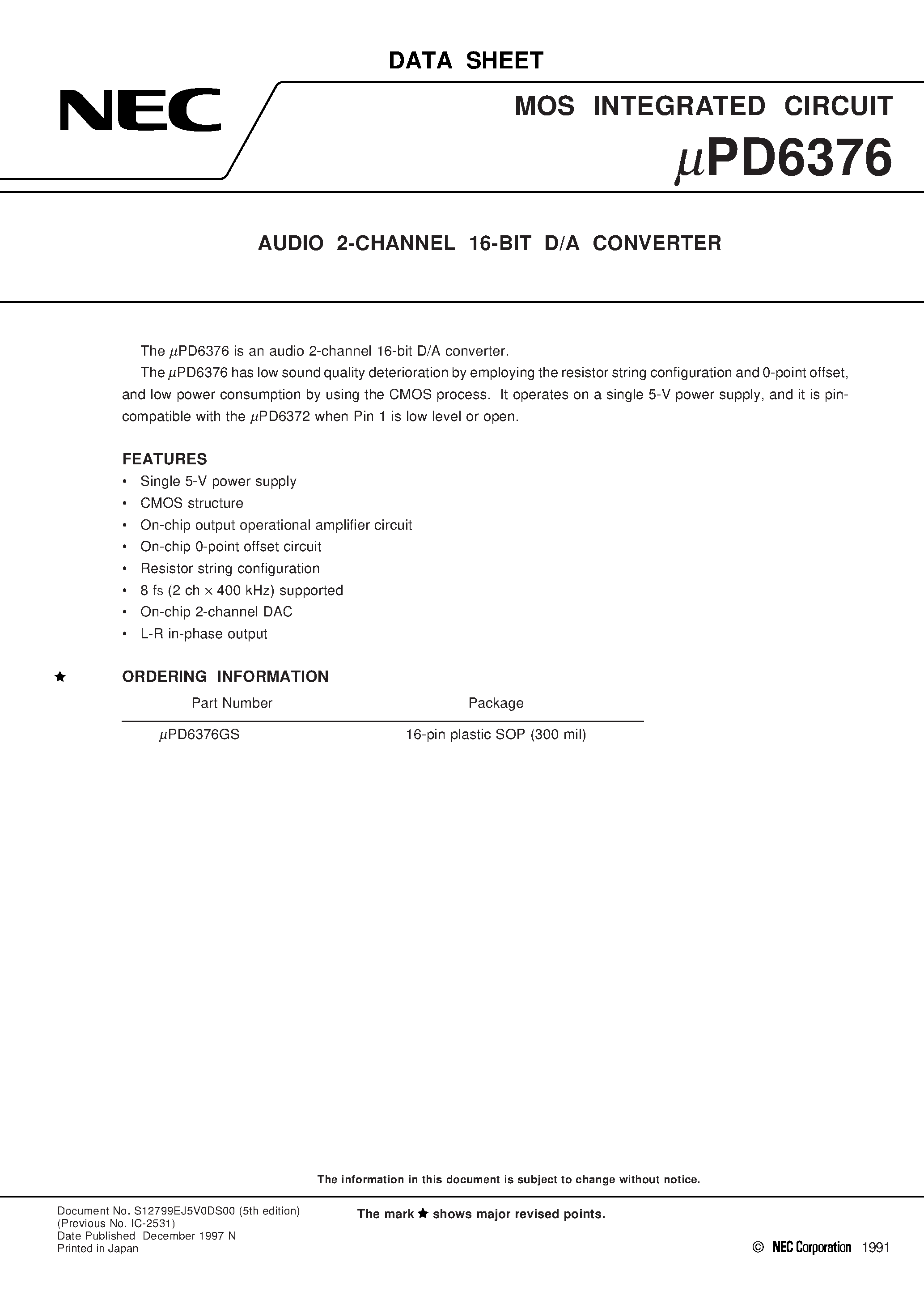 Datasheet UPD6376GS - AUDIO 2-CHANNEL 16-BIT D/A CONVERTER page 1