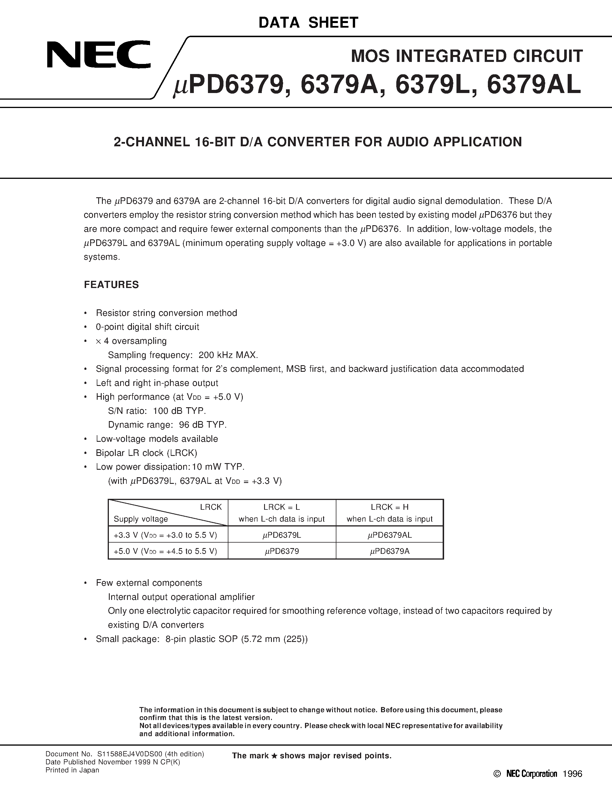 Datasheet UPD6379A page 1 Datasheet UPD6379A - 2-CHANNEL 16-BIT D/A CONVERTER FOR AUDIO APPLICATION page 1