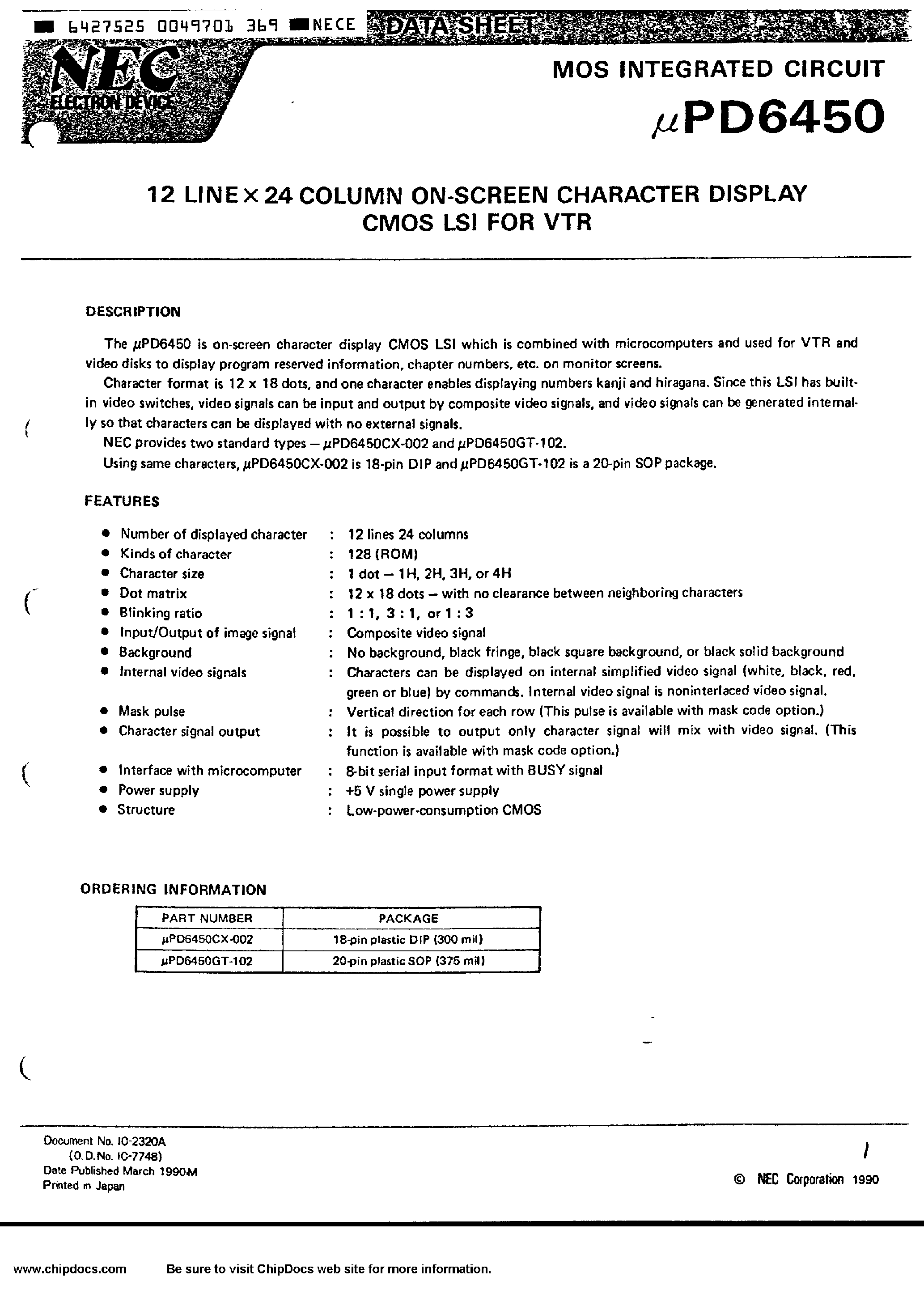 Даташит UPD6450 - 12LINE x 24 COLUMN ON-SCREEN CHARACTER DISPLAY CMOS LSI FOR VTR страница 1