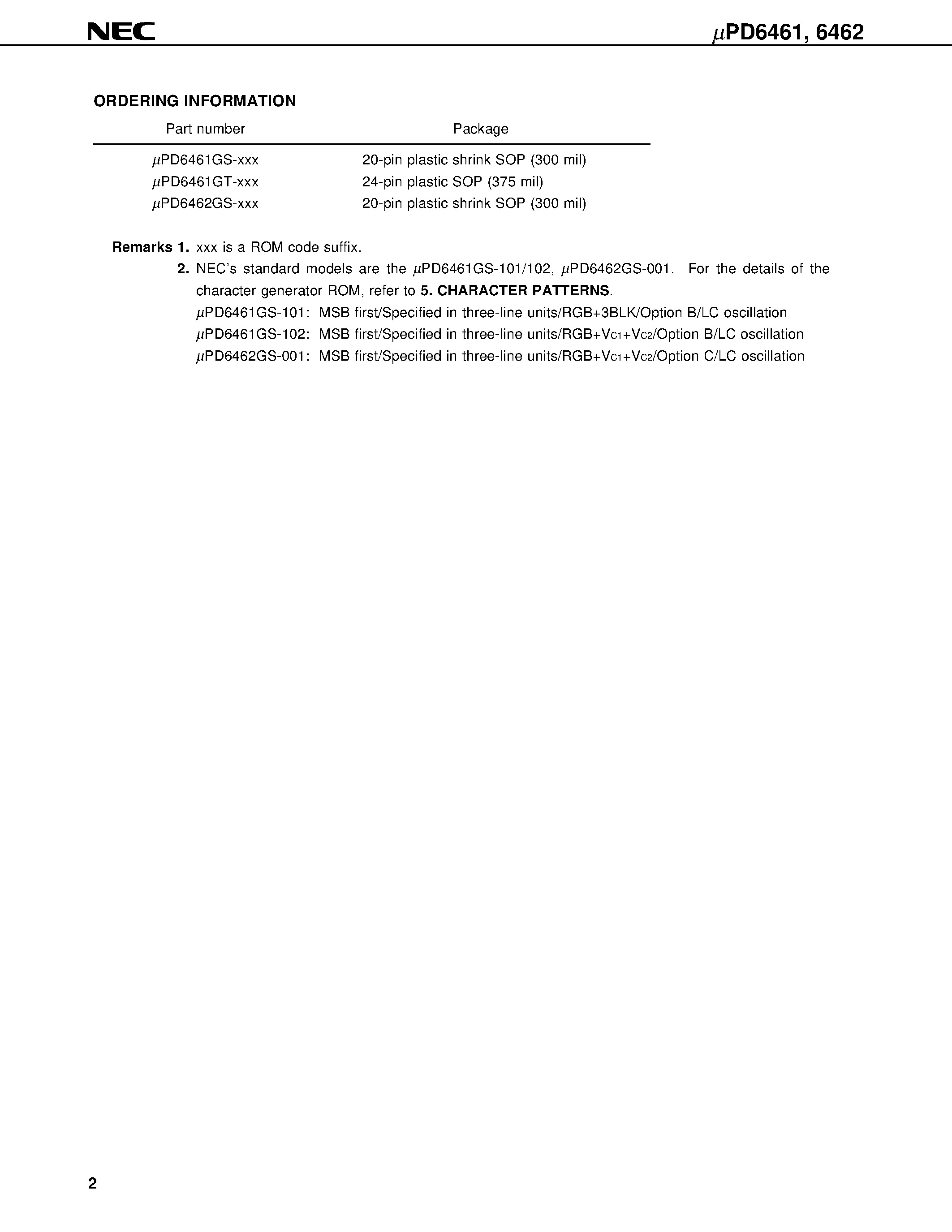 Даташит UPD6461 - CMOS LSI CHIP FOR CAMCORDER ON-SCREEN CHARACTER DISPLAY 12 ROWS x 24 COLUMNS страница 2