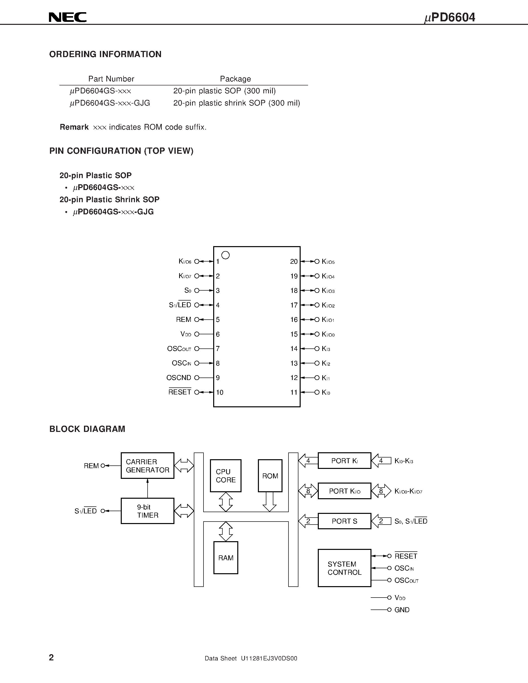 Даташит UPD6604GS - 4-BIT SINGLE-CHIP MICROCONTROLLER FOR INFRARED REMOTE CONTROL TRANSMISSION страница 2