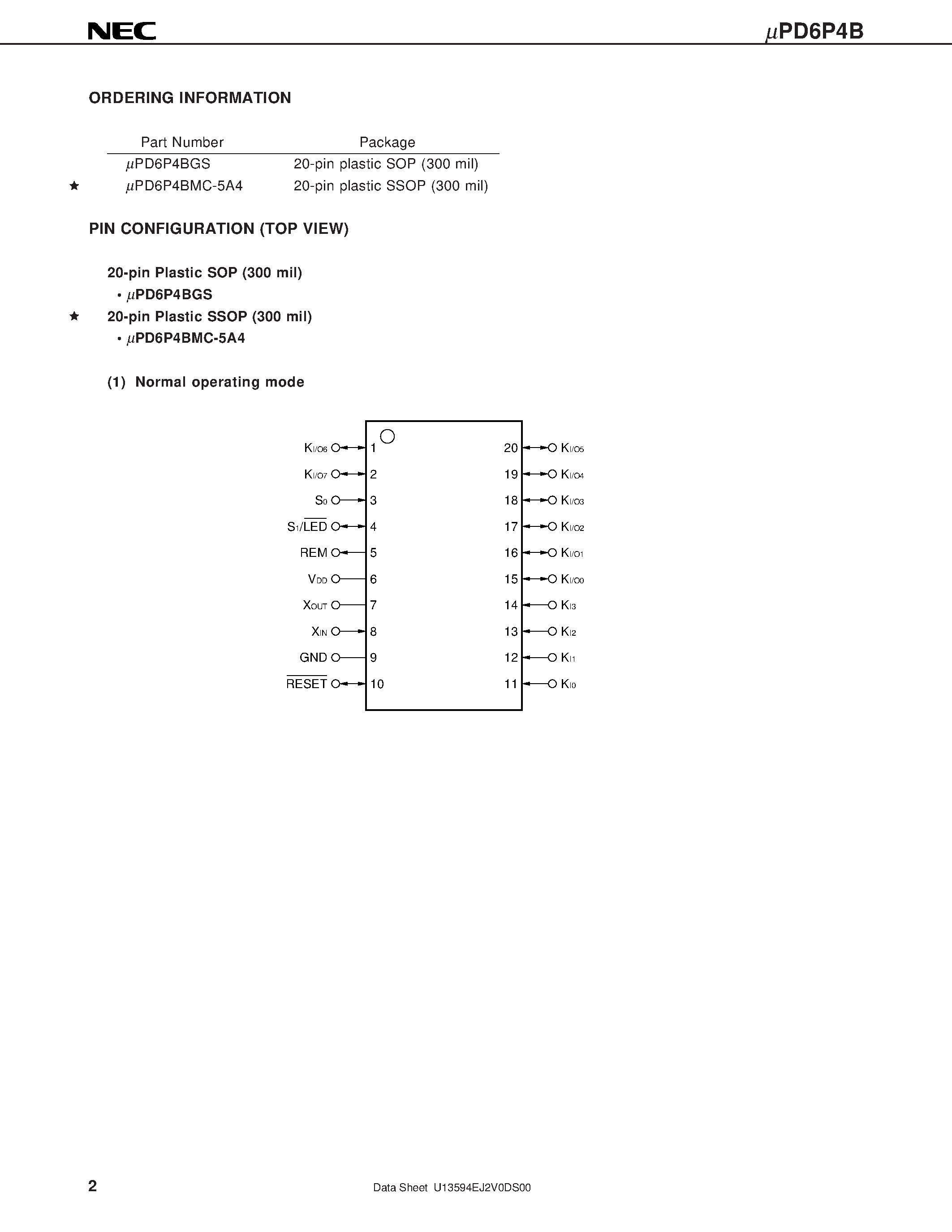Datasheet UPD6P4BGS - 4-BIT SINGLE-CHIP MICROCONTROLLER FOR INFRARED REMOTE CONTROL TRANSMISSION page 2