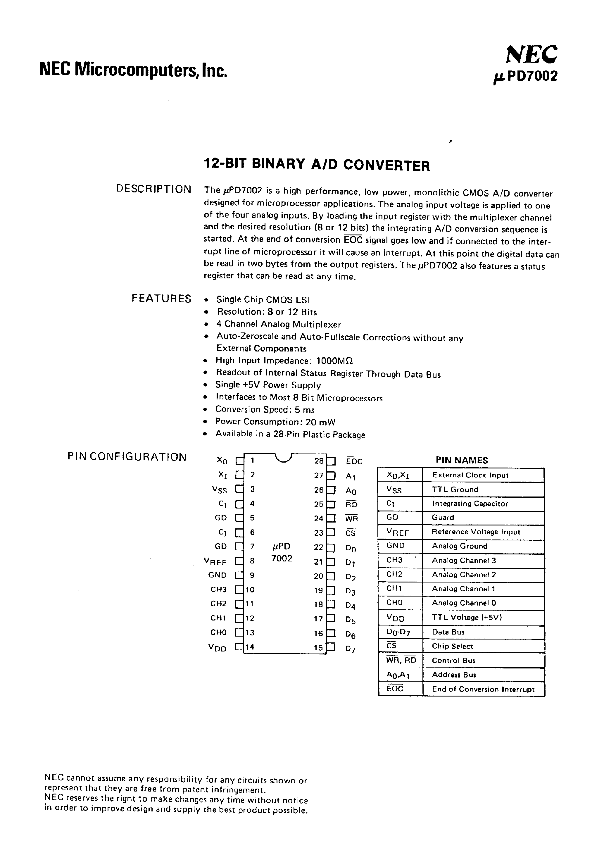 Даташит UPD7002 - 12-Bit Binary A/D Converter страница 1