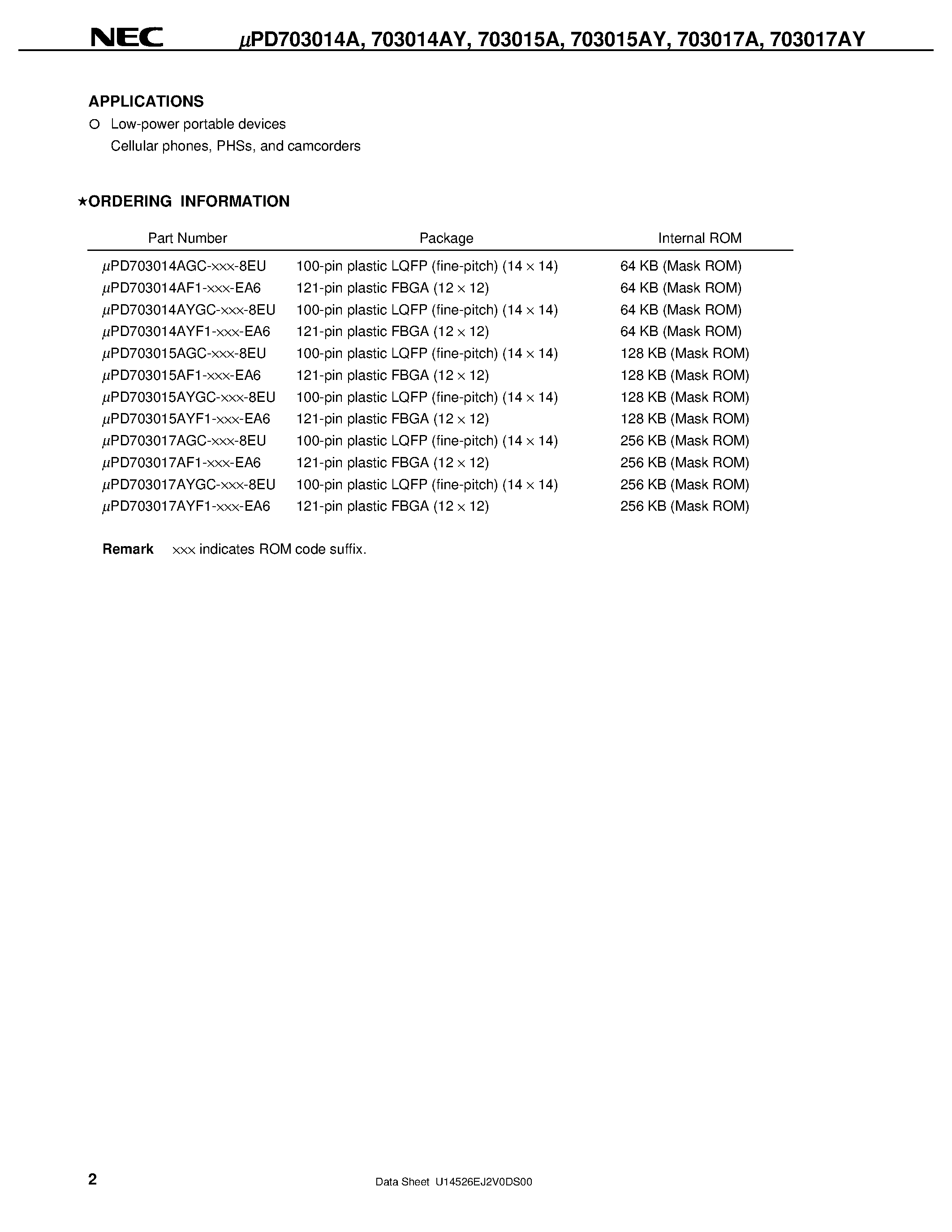 Datasheet UPD703014AY - V850/SA1TM 32-/16-BIT SINGLE-CHIP MICROCONTROLLER page 2