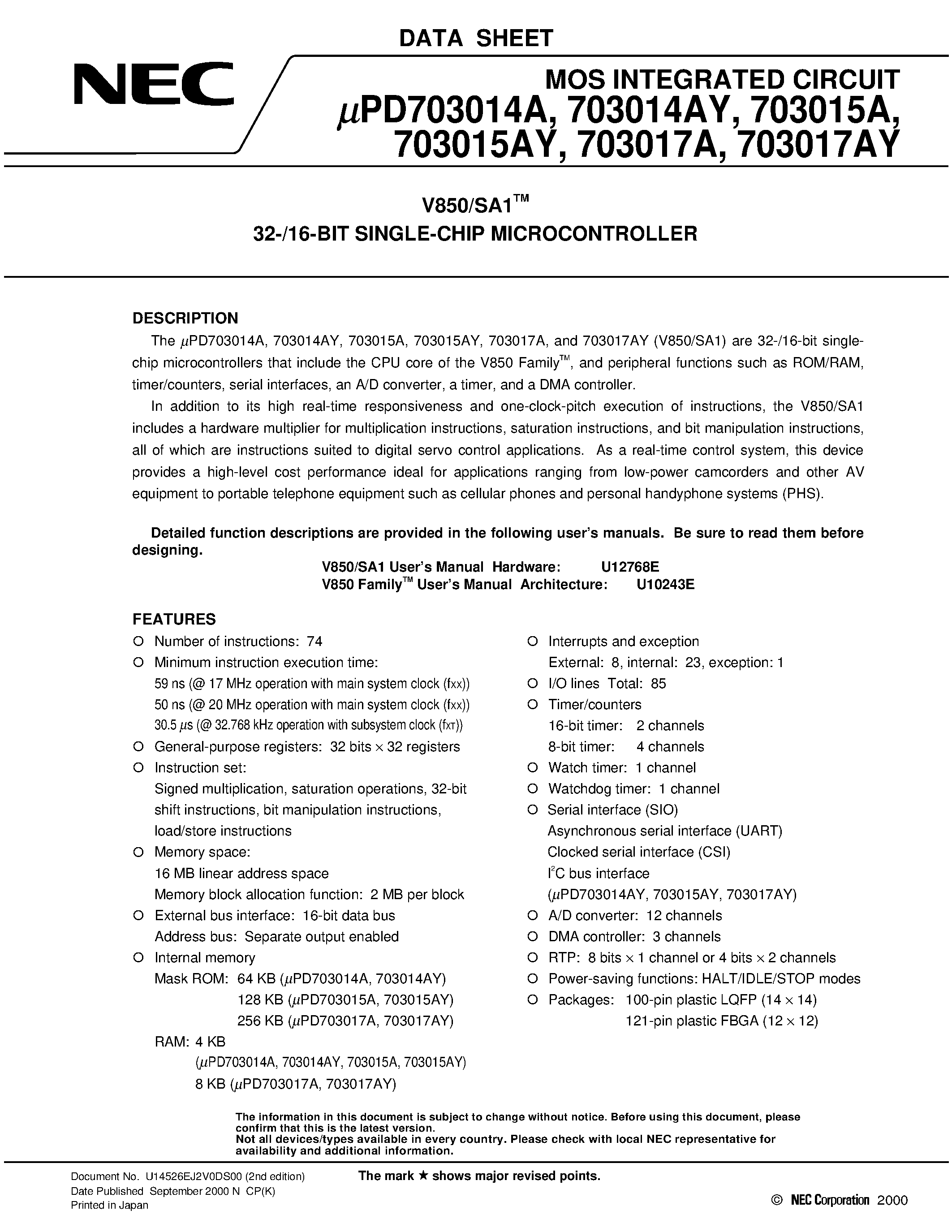 Даташит на микросхему UPD703017AYF1 страница 1 Даташит UPD703017AYF1 - V850/SA1TM 32-/16-BIT SINGLE-CHIP MICROCONTROLLER страница 1