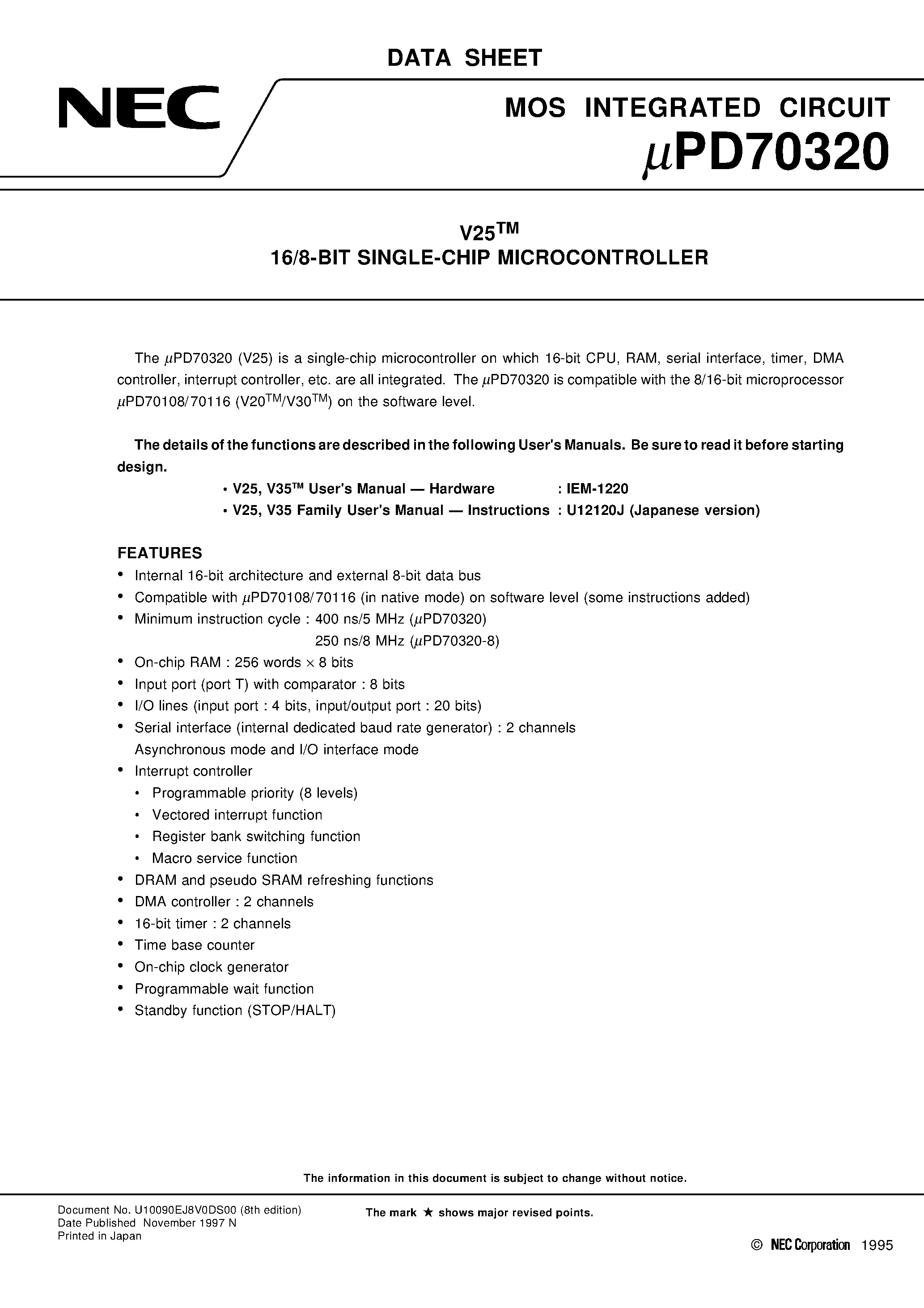Даташит UPD70320L - V25TM 16/8-BIT SINGLE-CHIP MICROCONTROLLER страница 1