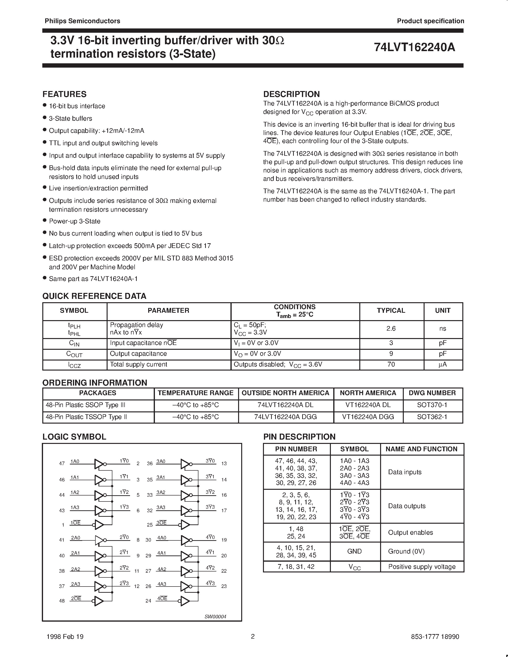 Даташит VT162240ADL - 3.3V LVT 16-bit inverting buffer/driver with 30ohm termination resistors 3-State страница 2