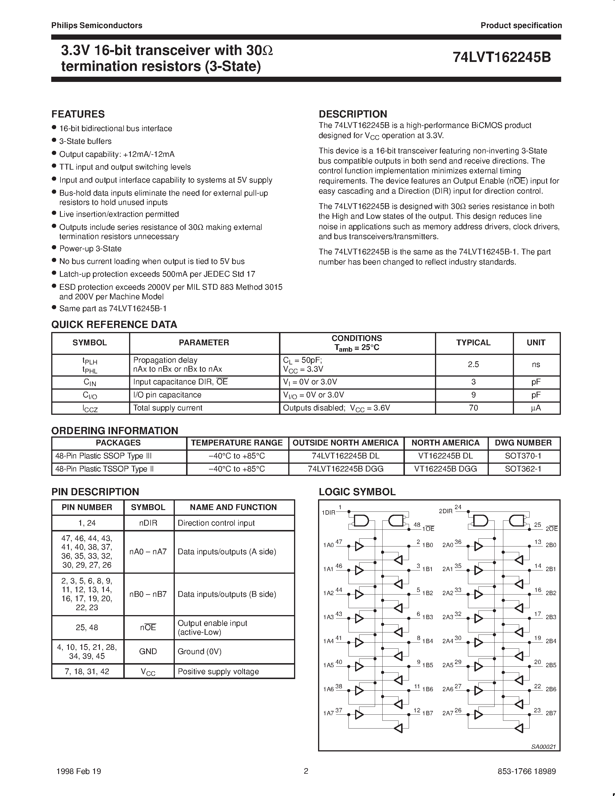Даташит VT162245BDL - 3.3V LVT 16-bit transceiver with 30ohm termination resistors 3-State страница 2