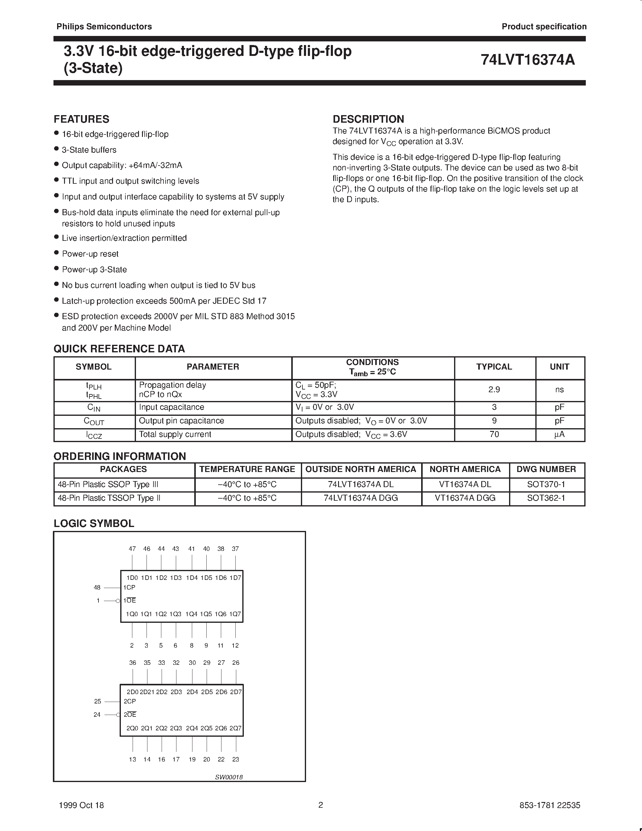 Datasheet VT16374ADL page 2 Datasheet VT16374ADL - 3.3V LVT 16-bit edge-triggered D-type flip-flop 3-State page 2