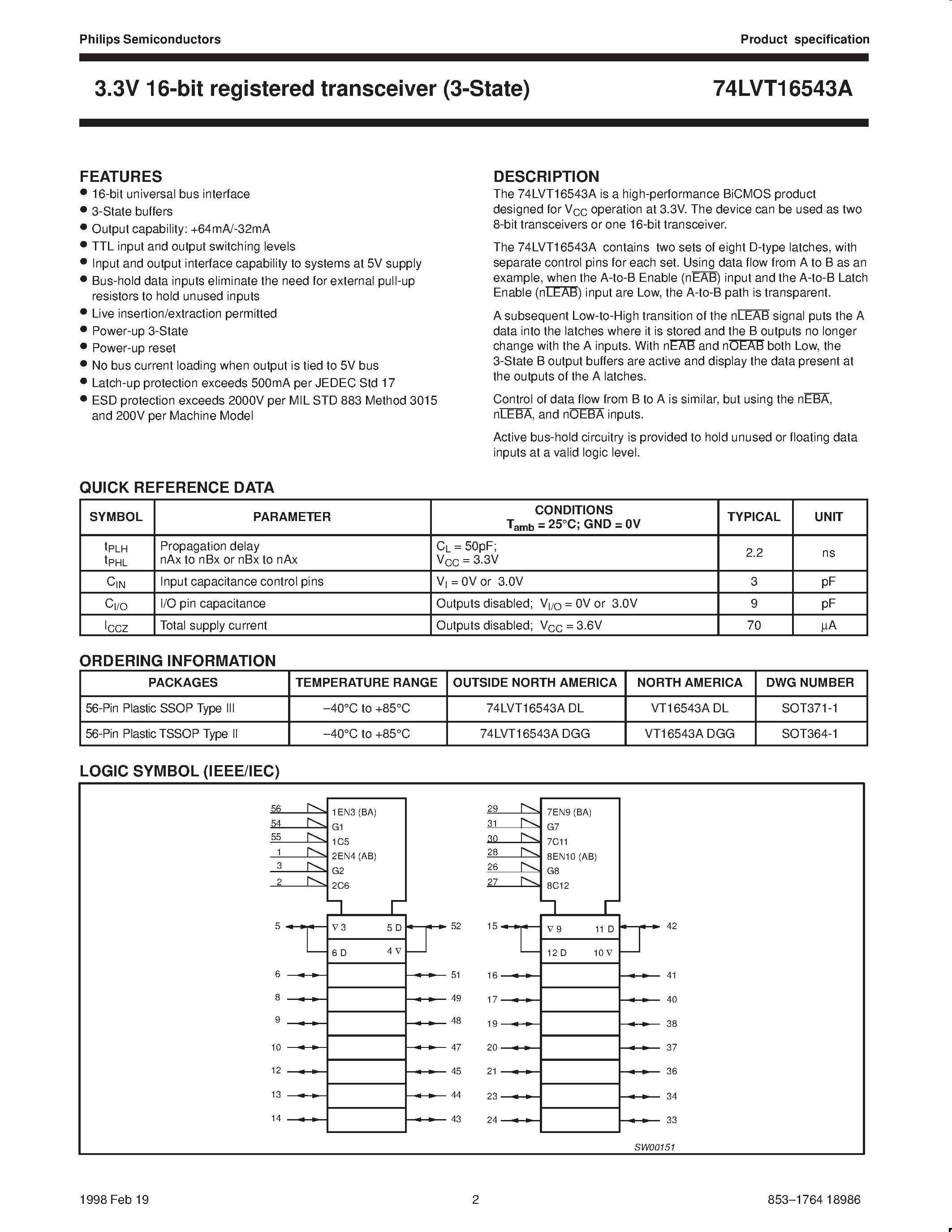 Datasheet VT16543ADGG page 2 Datasheet VT16543ADGG - 3.3V LVT 16-bit registered transceiver 3-State page 2