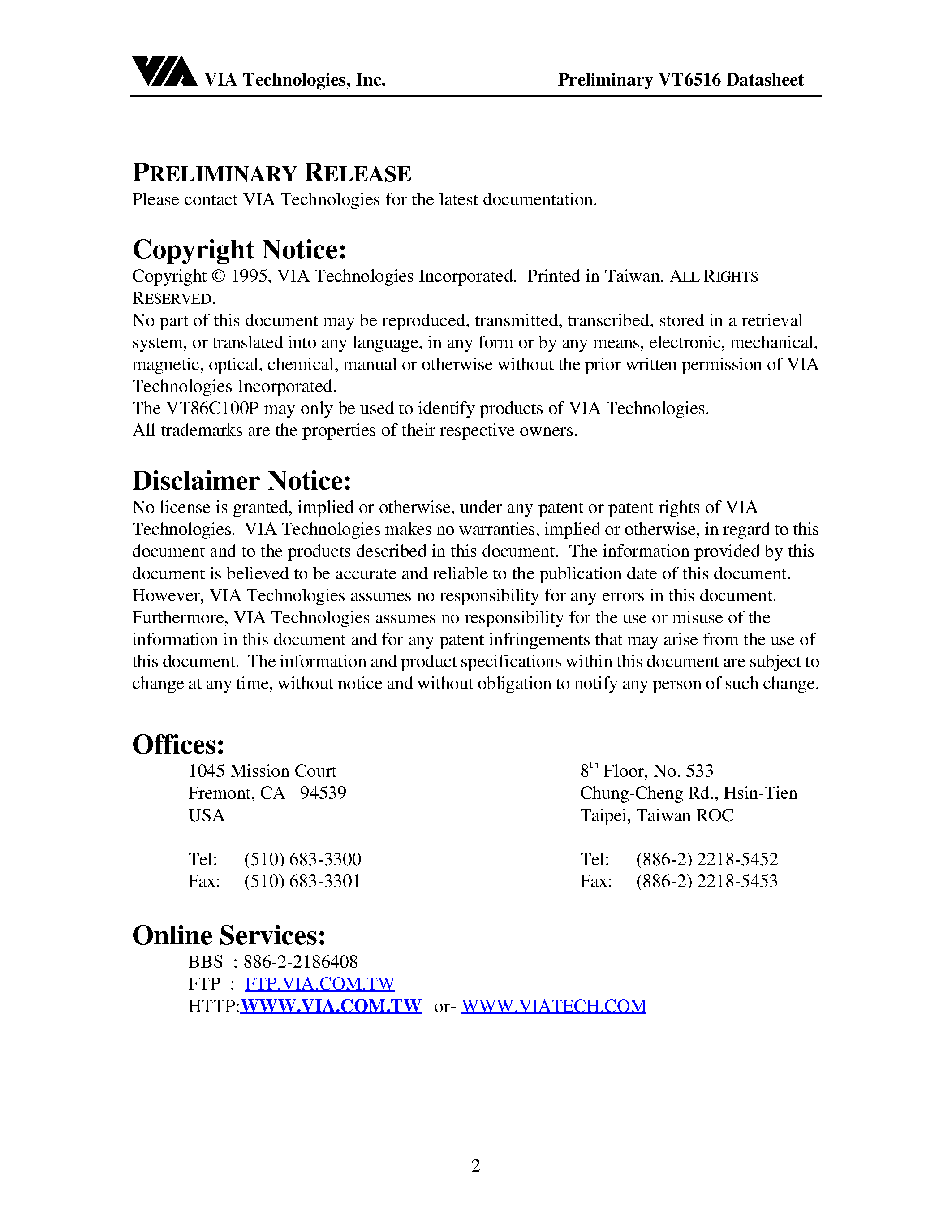 Datasheet VT6516 - 16/12 PORT 10/1000 ASE T/TX page 2