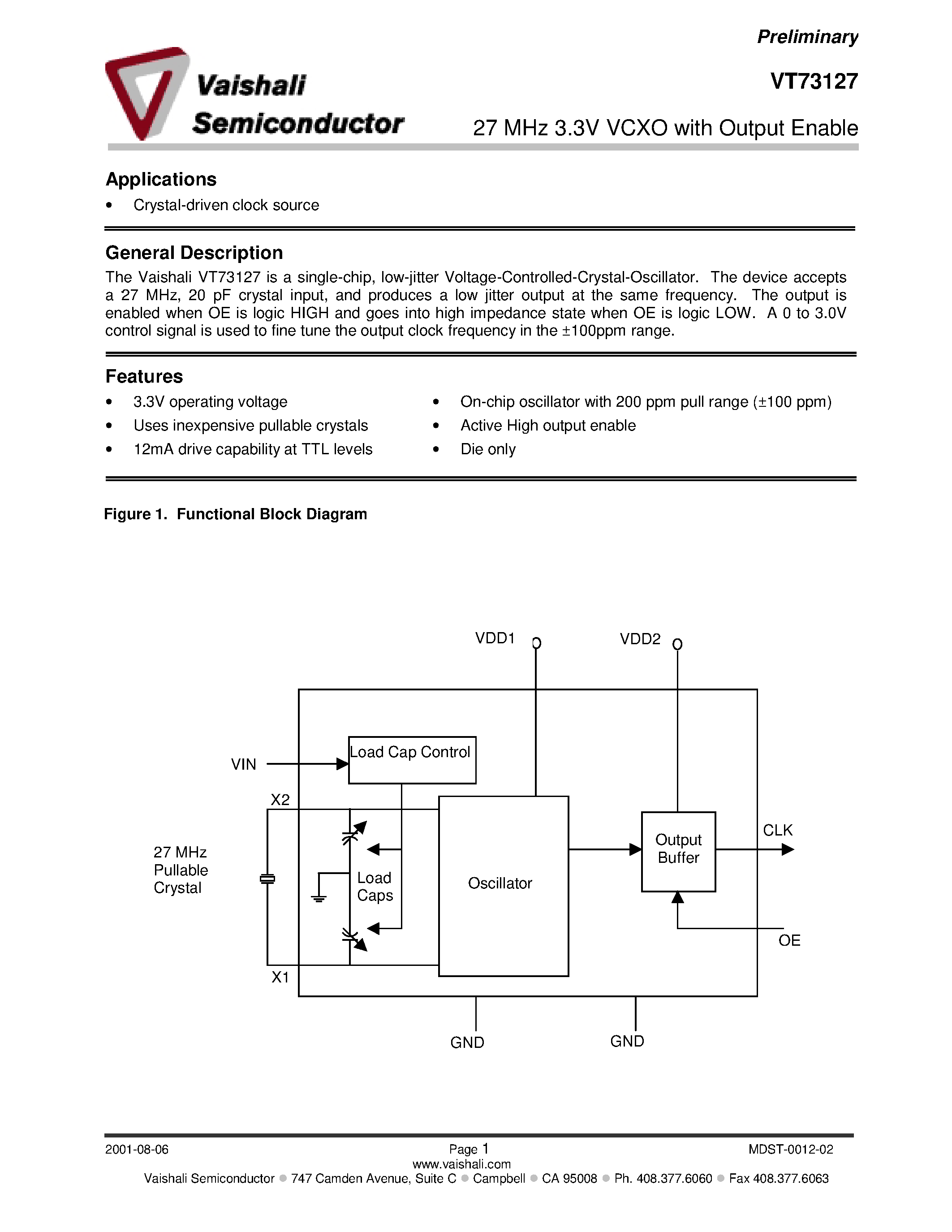 Даташит VT73127 - 27 MHz 3.3V VCXO with Output Enable страница 1