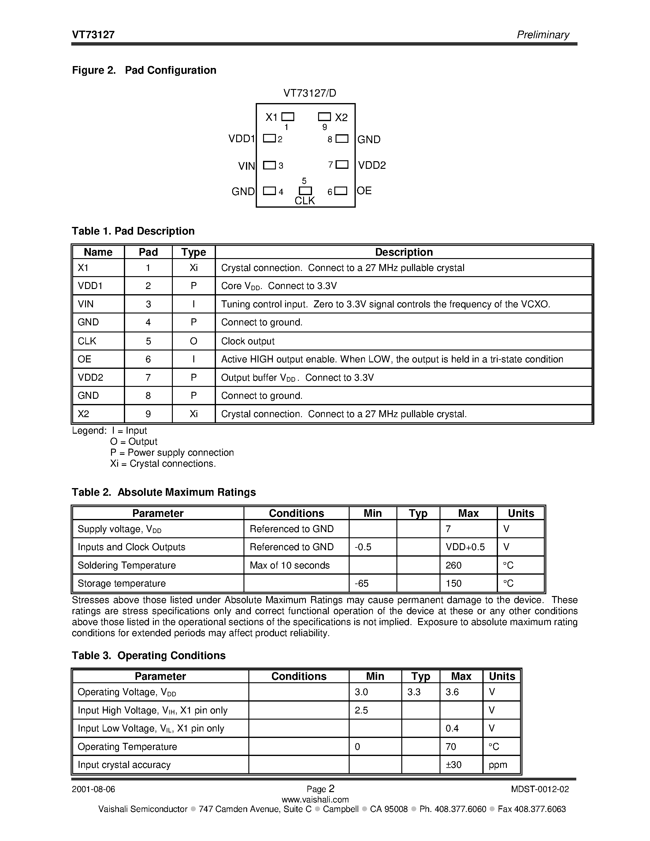 Даташит VT73127 - 27 MHz 3.3V VCXO with Output Enable страница 2