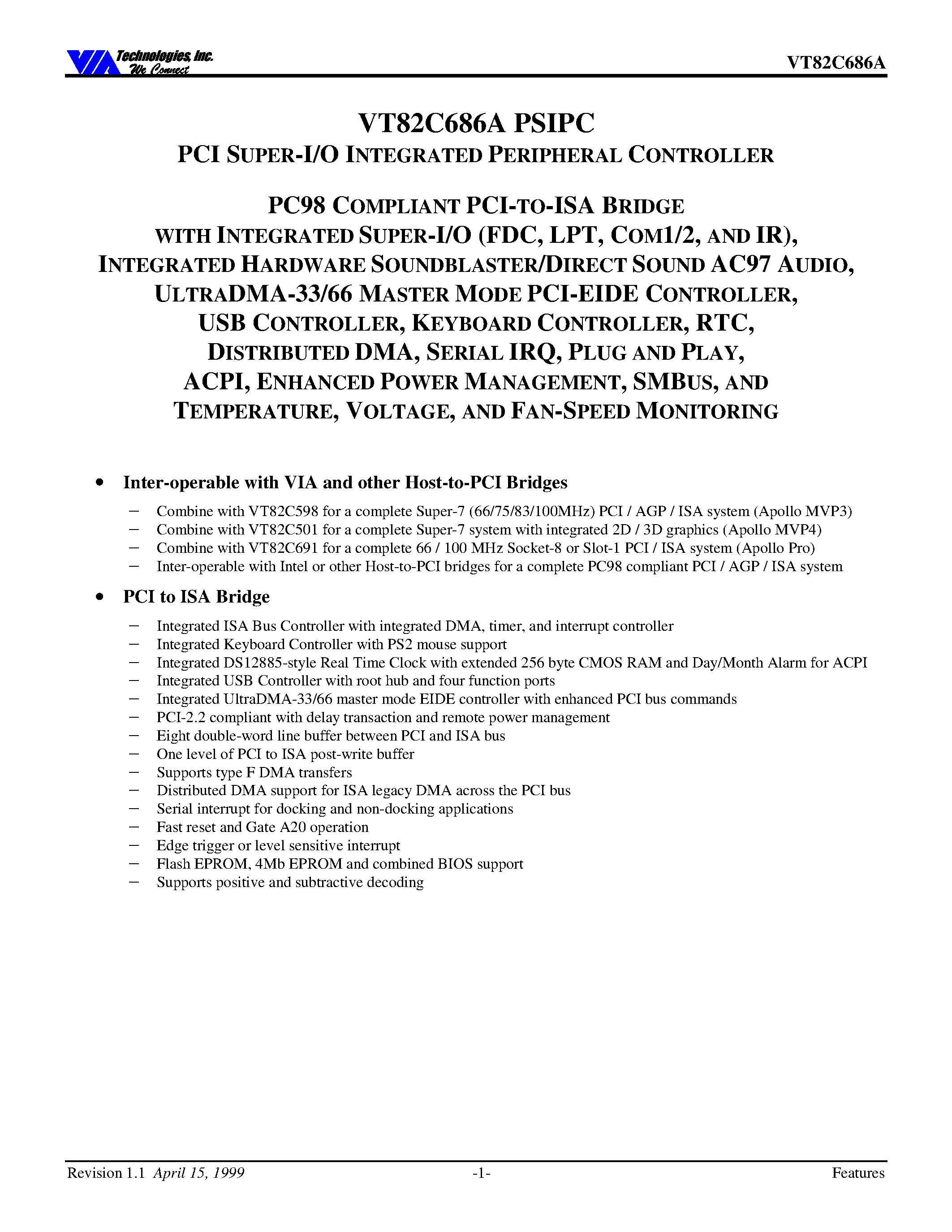 Даташит VT82C686A - PCI SUPER-I/O INTEGRATED PERIPHERAL CONTROLLER страница 1