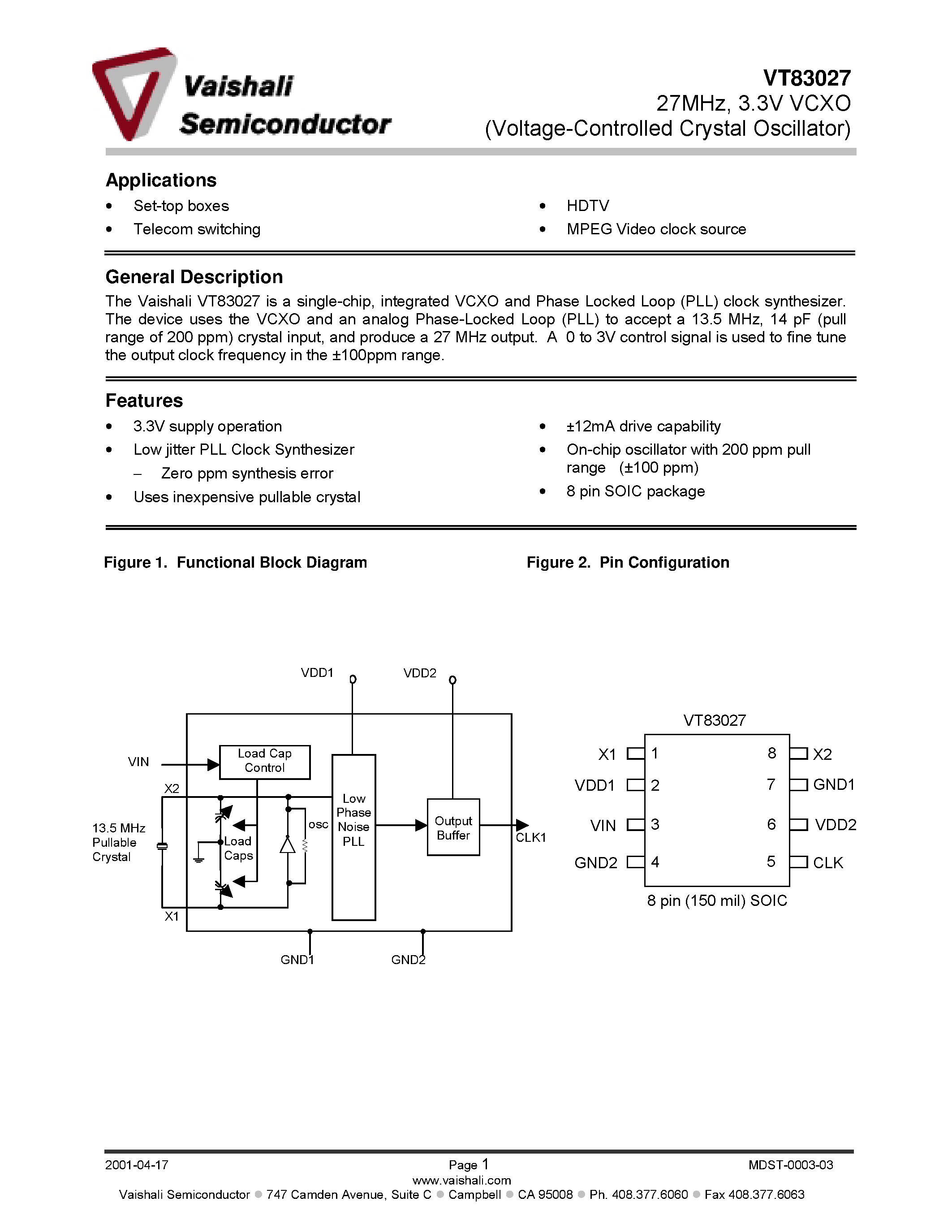 Даташит VT83027 - 27MHz/ 3.3V VCXO (Voltage-Controlled Crystal Oscillator) страница 1