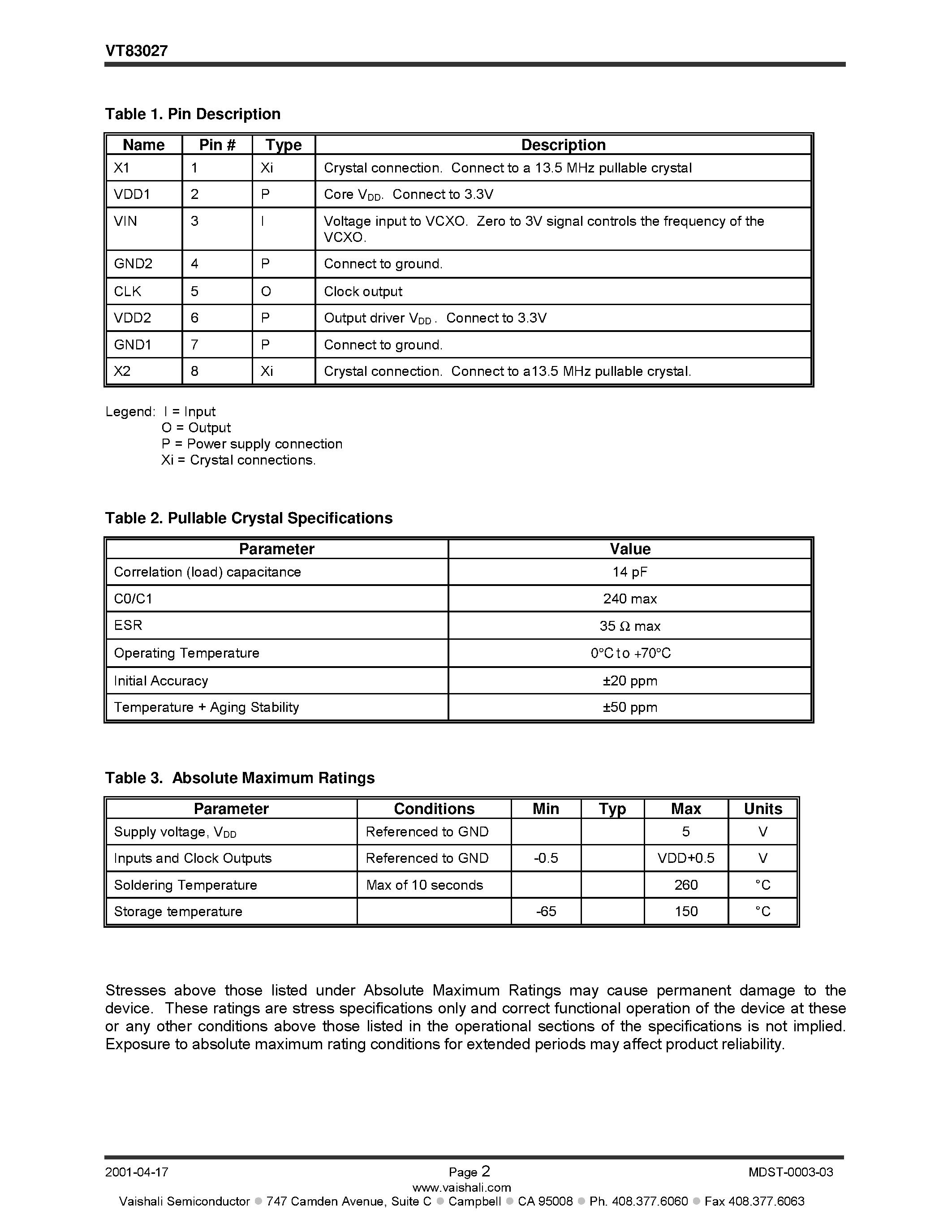 Datasheet VT83027 - 27MHz/ 3.3V VCXO (Voltage-Controlled Crystal Oscillator) page 2