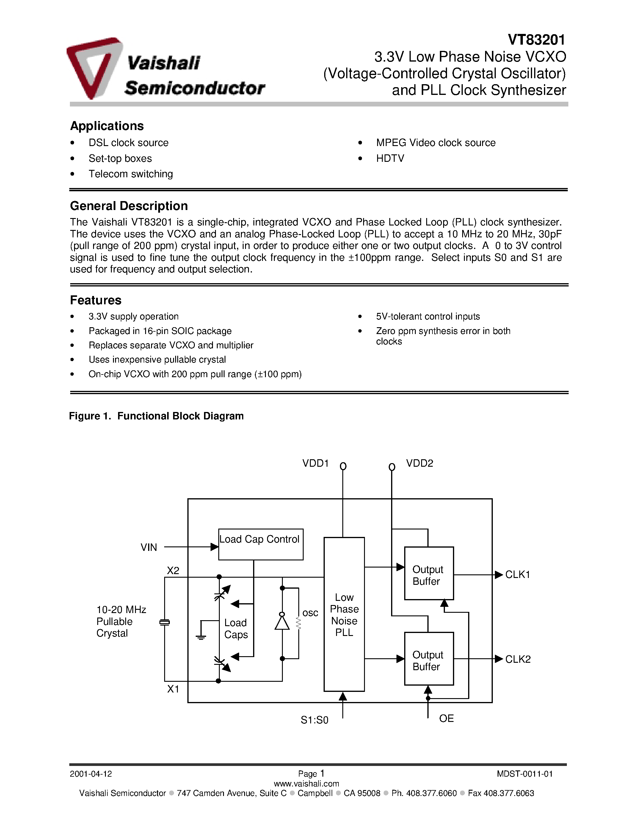 Даташит VT83201S1 - 3.3V Low Phase Noise VCXO Voltage-Controlled Crystal Oscillator and PLL Clock Synthesizer страница 1