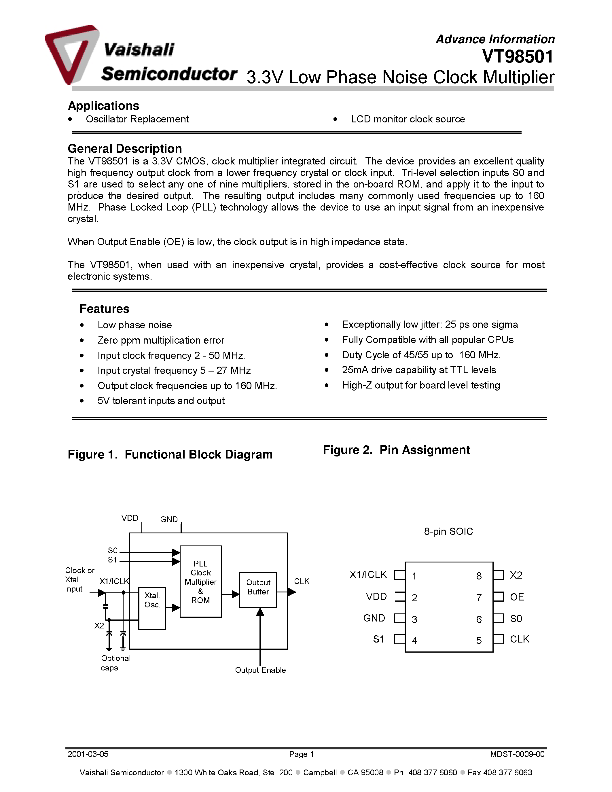 Datasheet VT98501S1 - 3.3V Low Phase Noise Clock Multiplier page 1