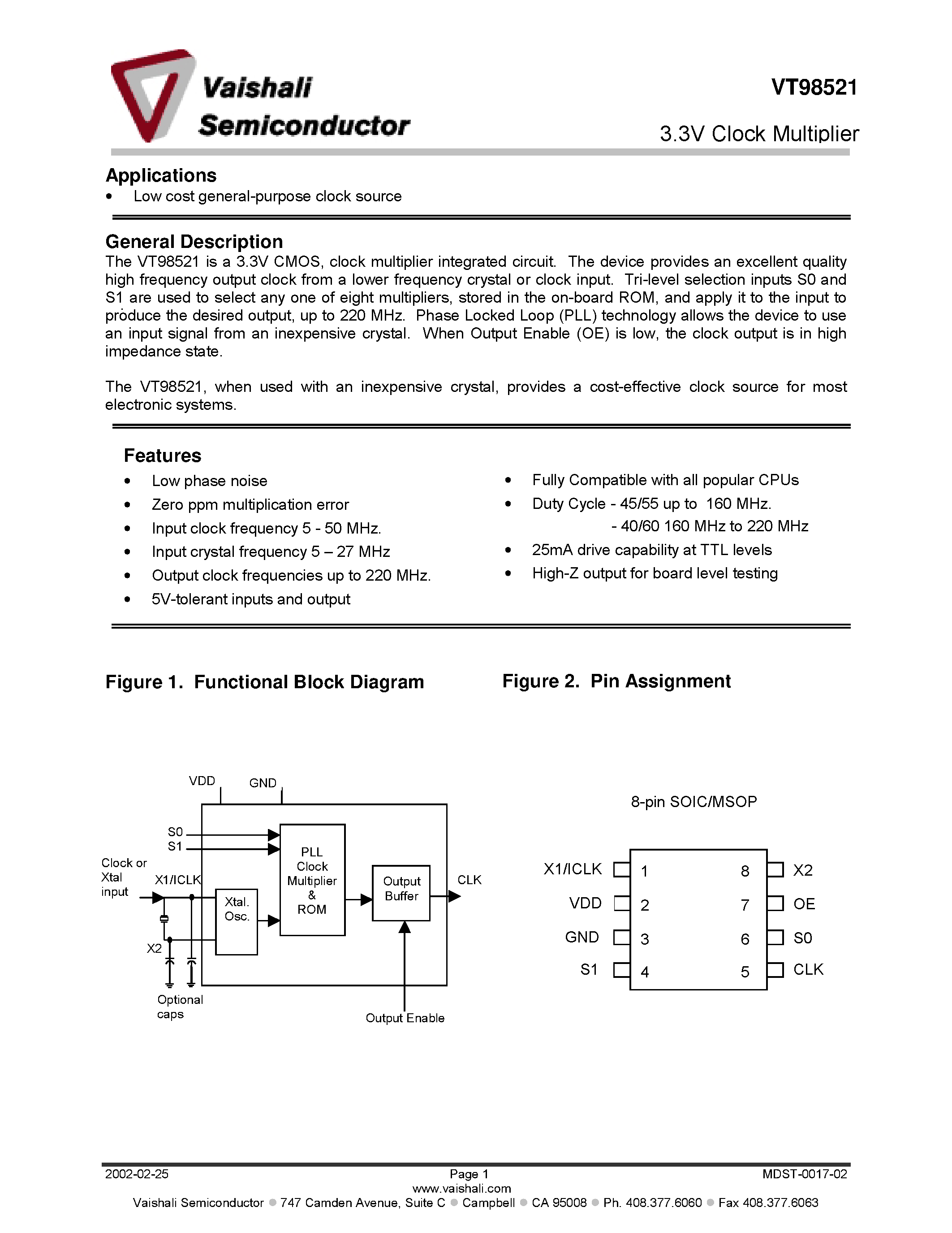 Даташит на микросхему VT98521 страница 1 Даташит VT98521 - 3.3V Clock Multiplier страница 1