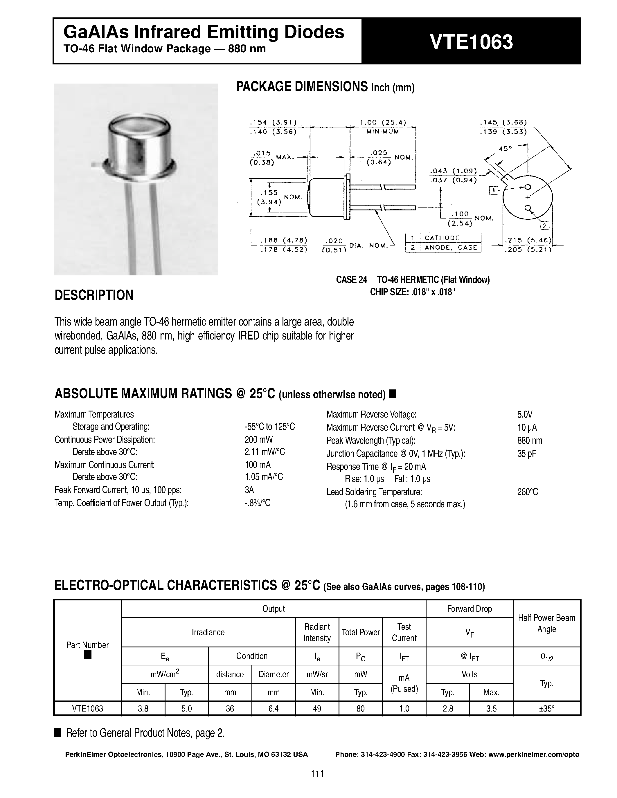Datasheet VTE1063 - GaAlAs Infrared Emitting Diodes page 1
