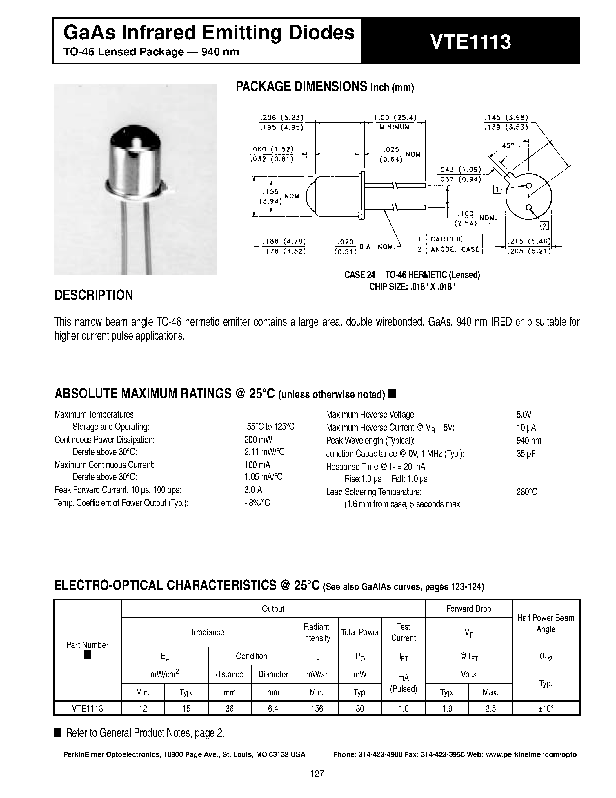 Datasheet VTE1113 - GaAs Infrared Emitting Diodes page 1