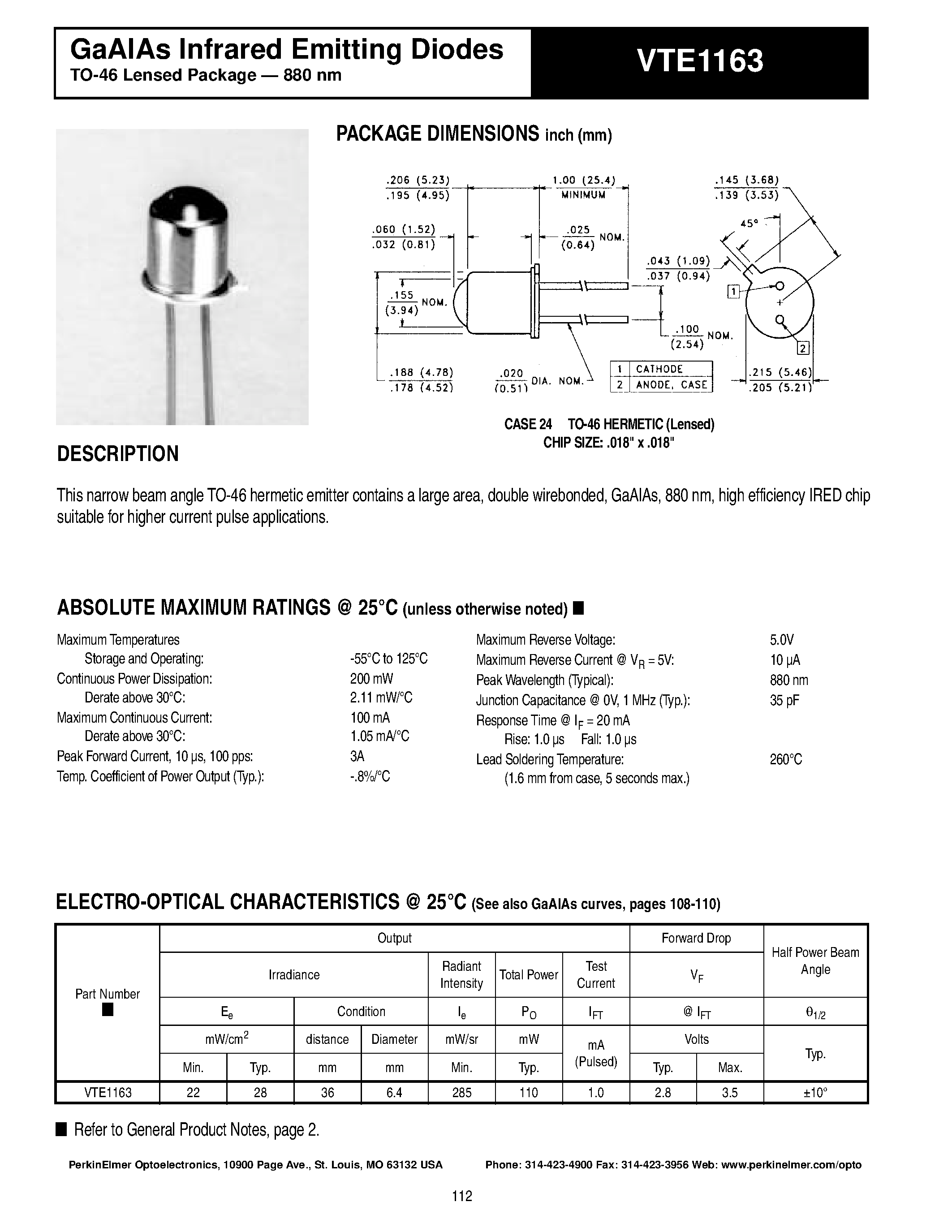 Datasheet VTE1163 - GaAlAs Infrared Emitting Diodes page 1
