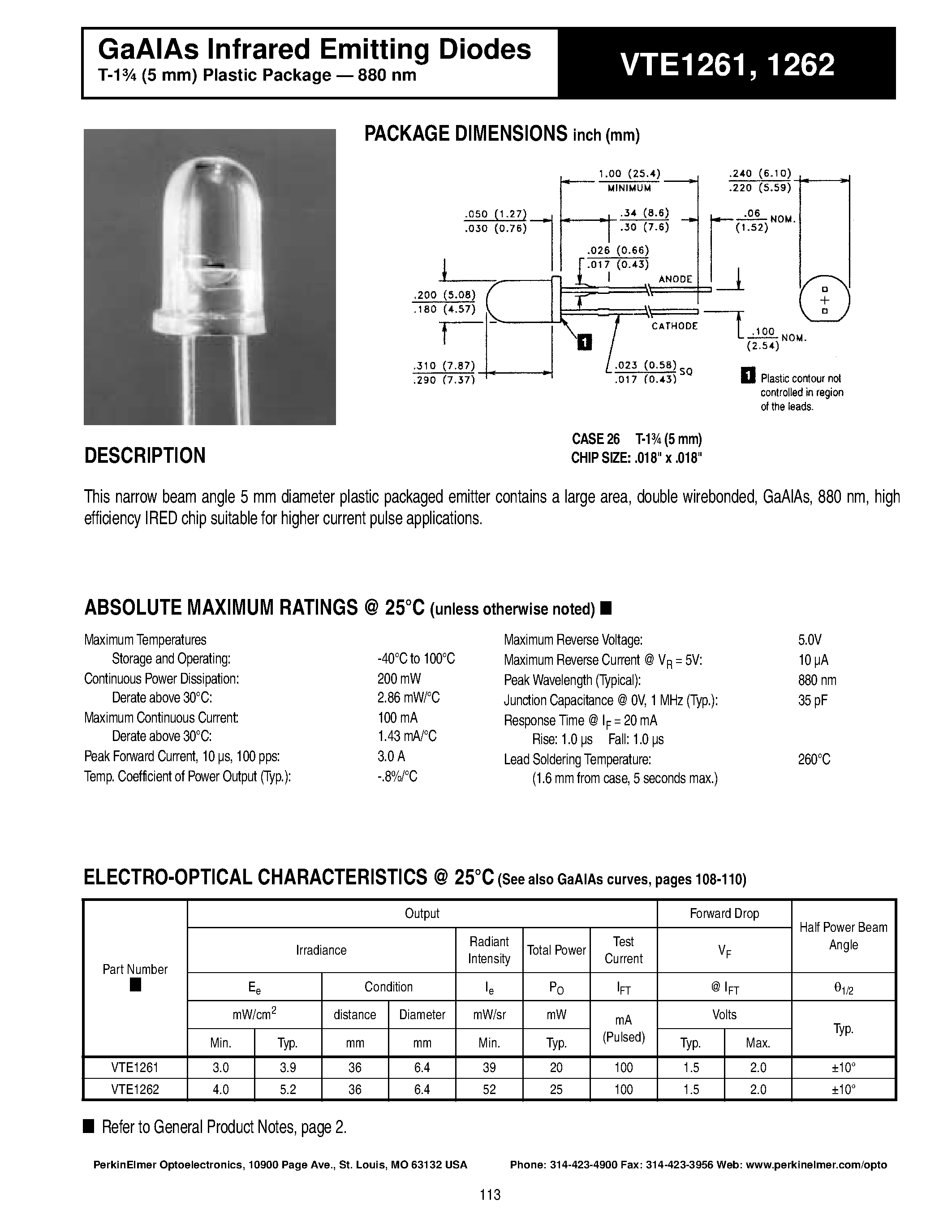 Datasheet VTE1262 - GaAlAs Infrared Emitting Diodes page 1