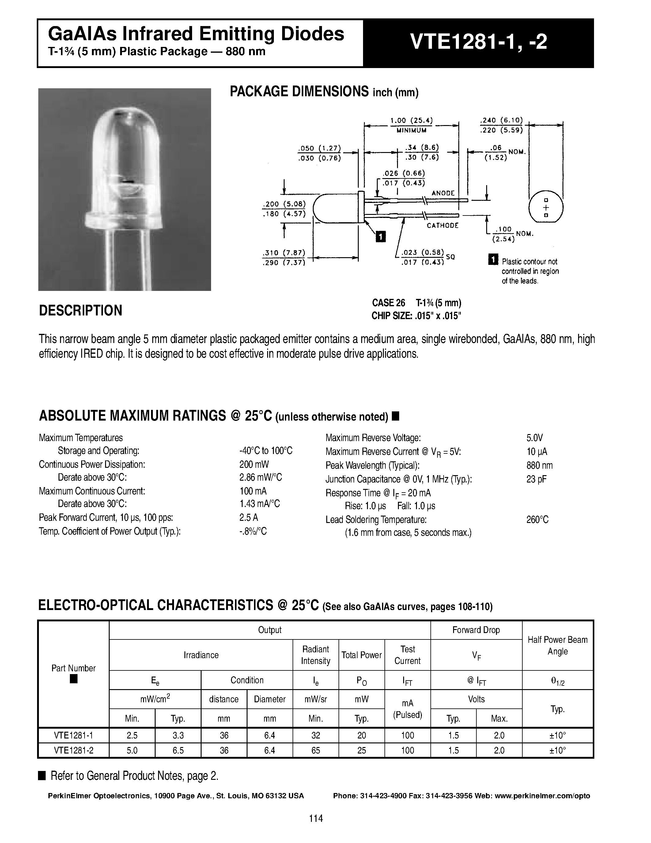 Datasheet VTE1281-2 - GaAlAs Infrared Emitting Diodes page 1
