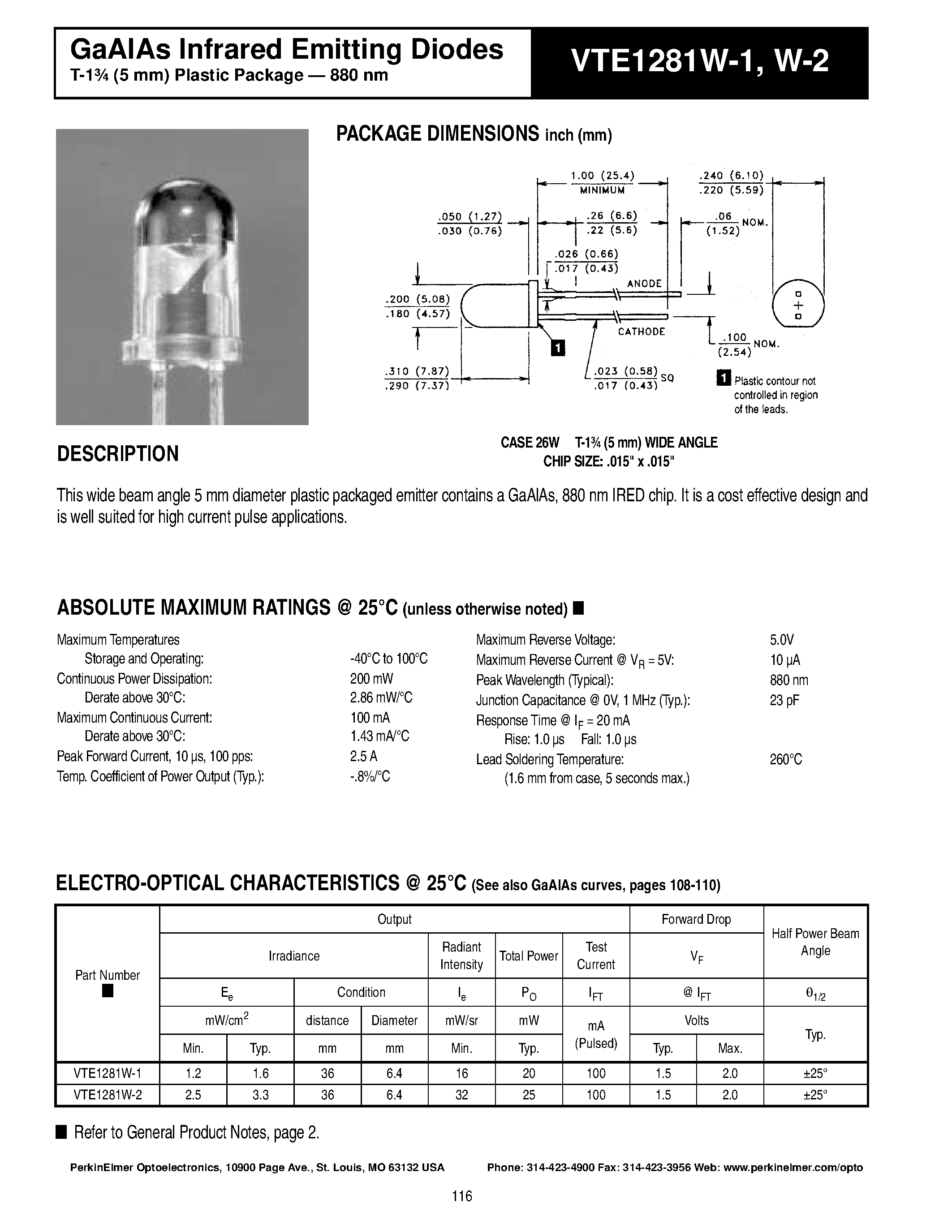 Datasheet VTE1281W-2 - GaAlAs Infrared Emitting Diodes page 1